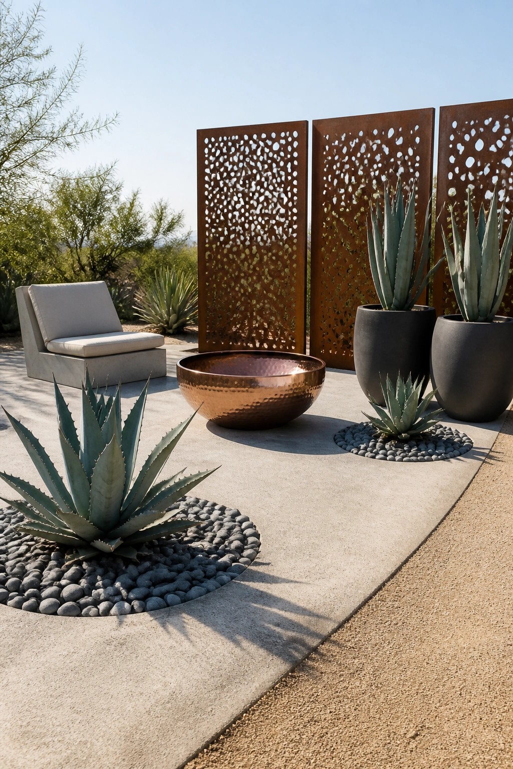 A concrete patio with large agave plants growing in circular gravel beds, a hammered copper bowl, two dark pots with agaves, a light gray lounge chair, and three rusted metal screens in the background.