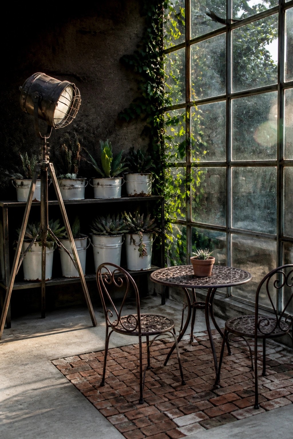 A semi-enclosed patio with metal shelves holding white buckets of various plants, a small round metal table with two chairs on a brick mat, and a large multi-pane window.