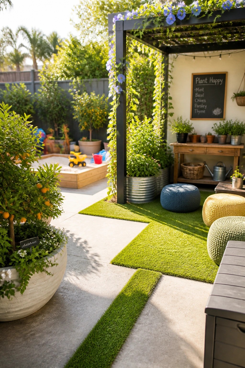 A concrete patio with rectangular sections of bright green artificial turf, potted plants, a black pergola with vines, and outdoor seating poufs.