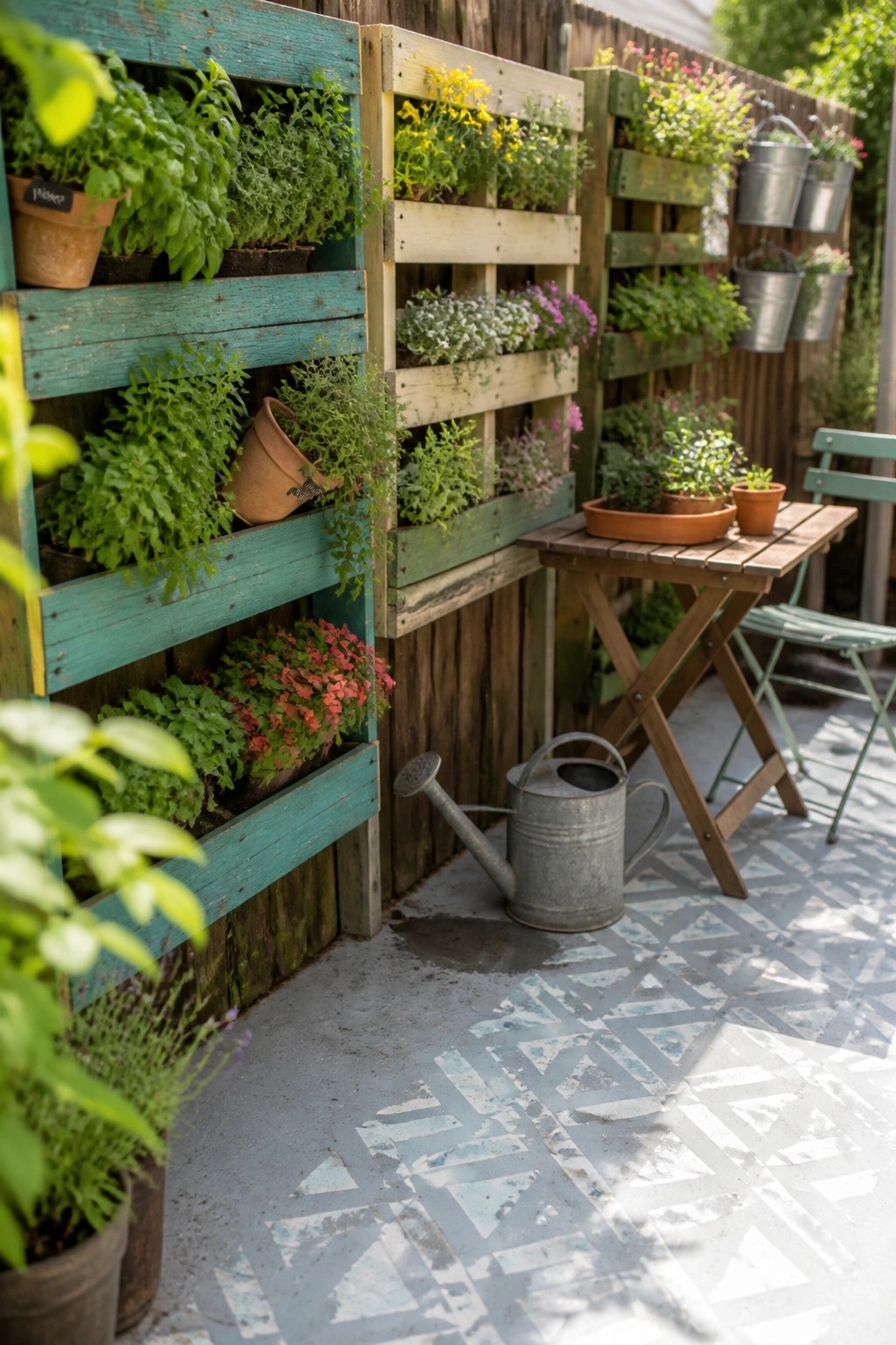Vibrant plants in teal wooden pallet planters beside a garden table and watering can