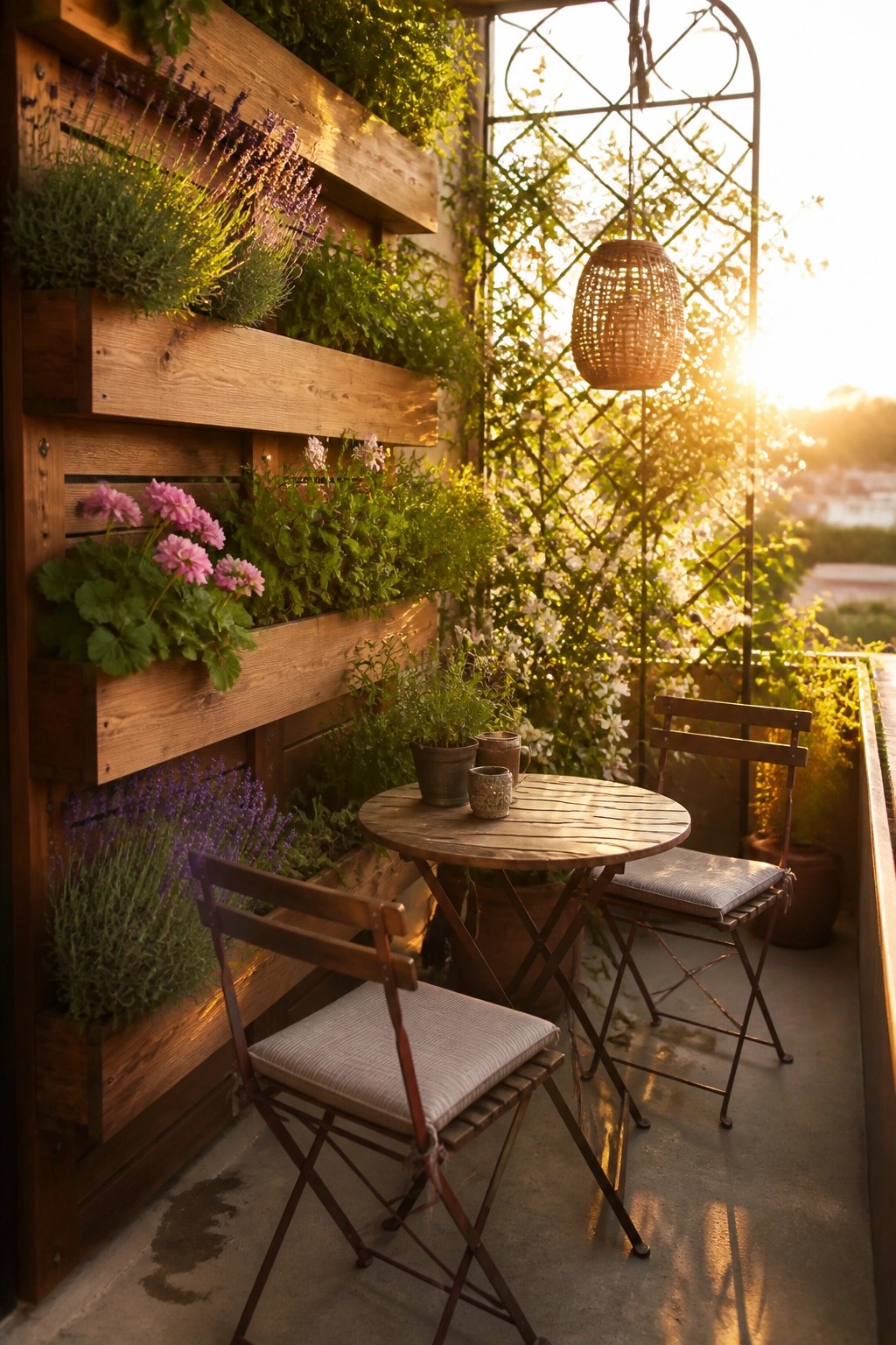 A concrete balcony with vertical wooden planters mounted on the wall, filled with flowers and herbs, alongside a round wooden table and two folding chairs.