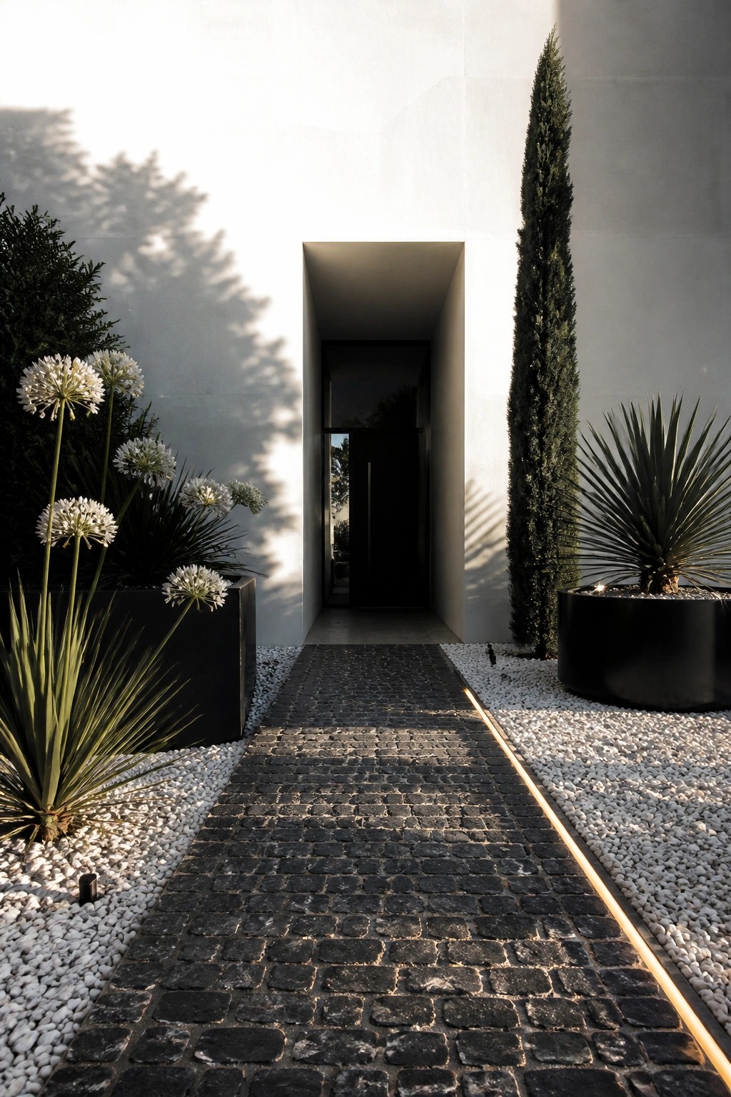 A dark cobblestone walkway bordered by white gravel leads toward a recessed modern entrance, with black planters holding spiky plants and a tall evergreen tree on the right.