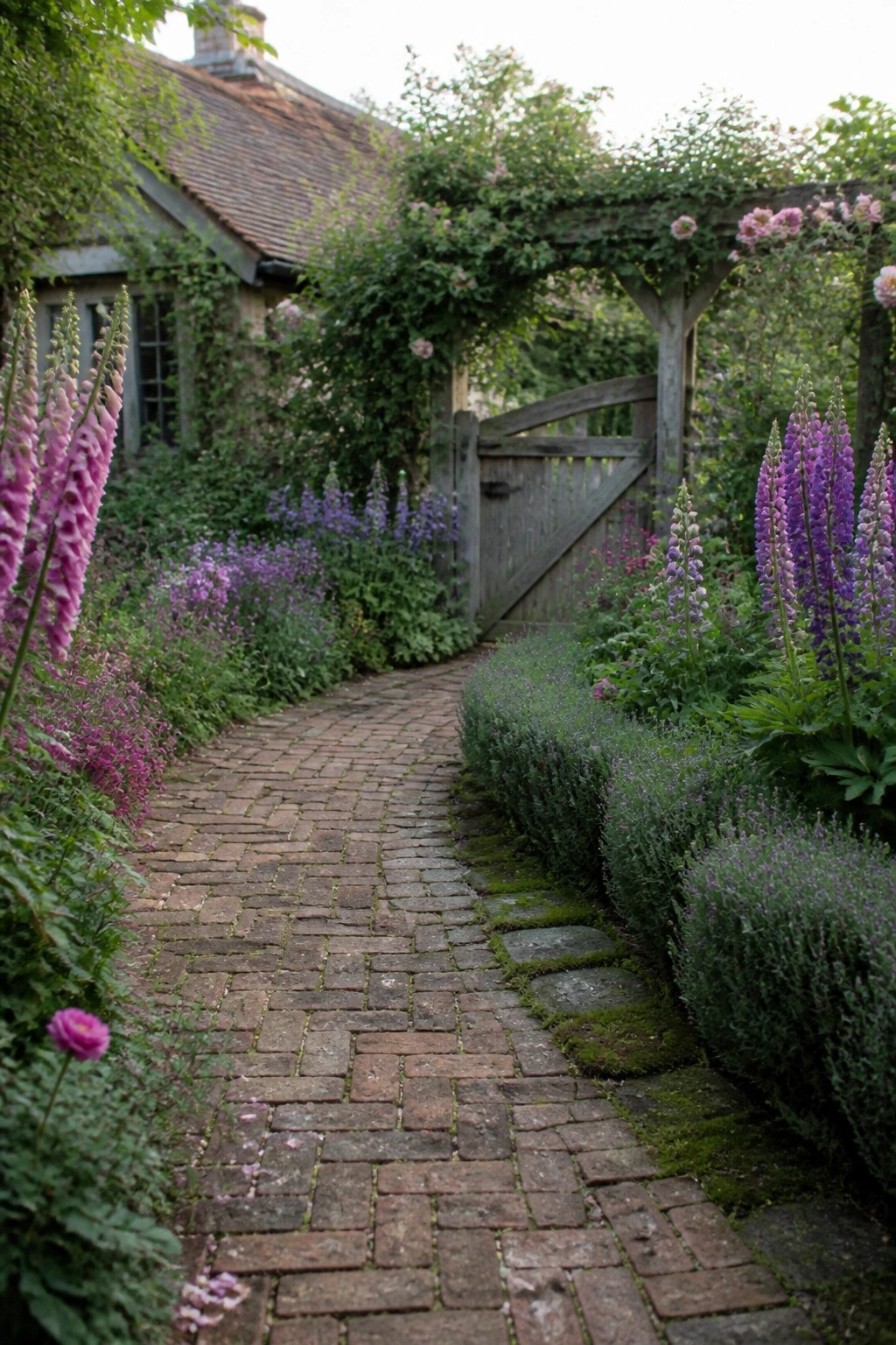 A brick pathway bordered by tall pink and purple flowers leads past a wooden gate toward a house with a tiled roof.