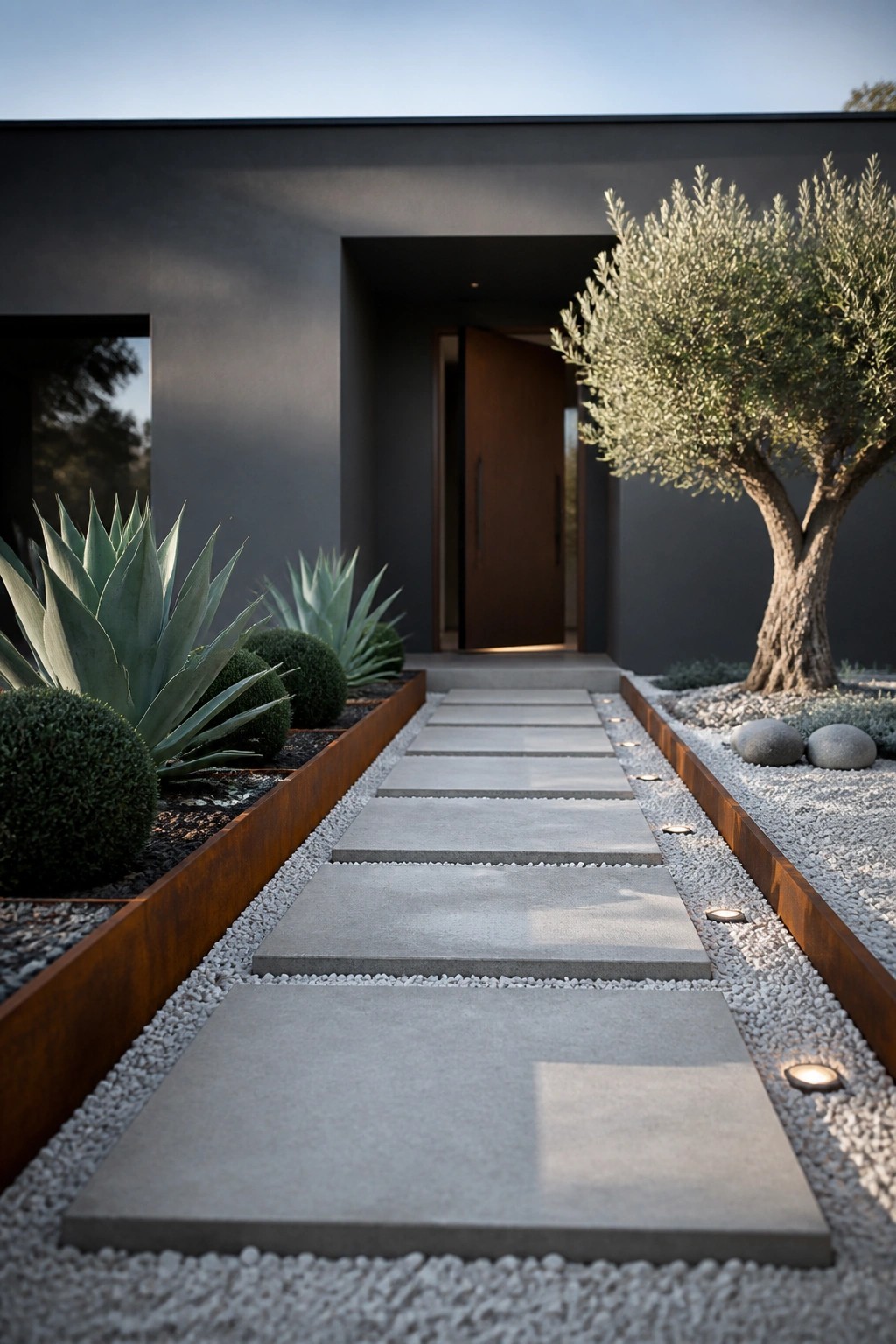 Modern concrete pavers on gravel path with succulents lead to open door of dark house