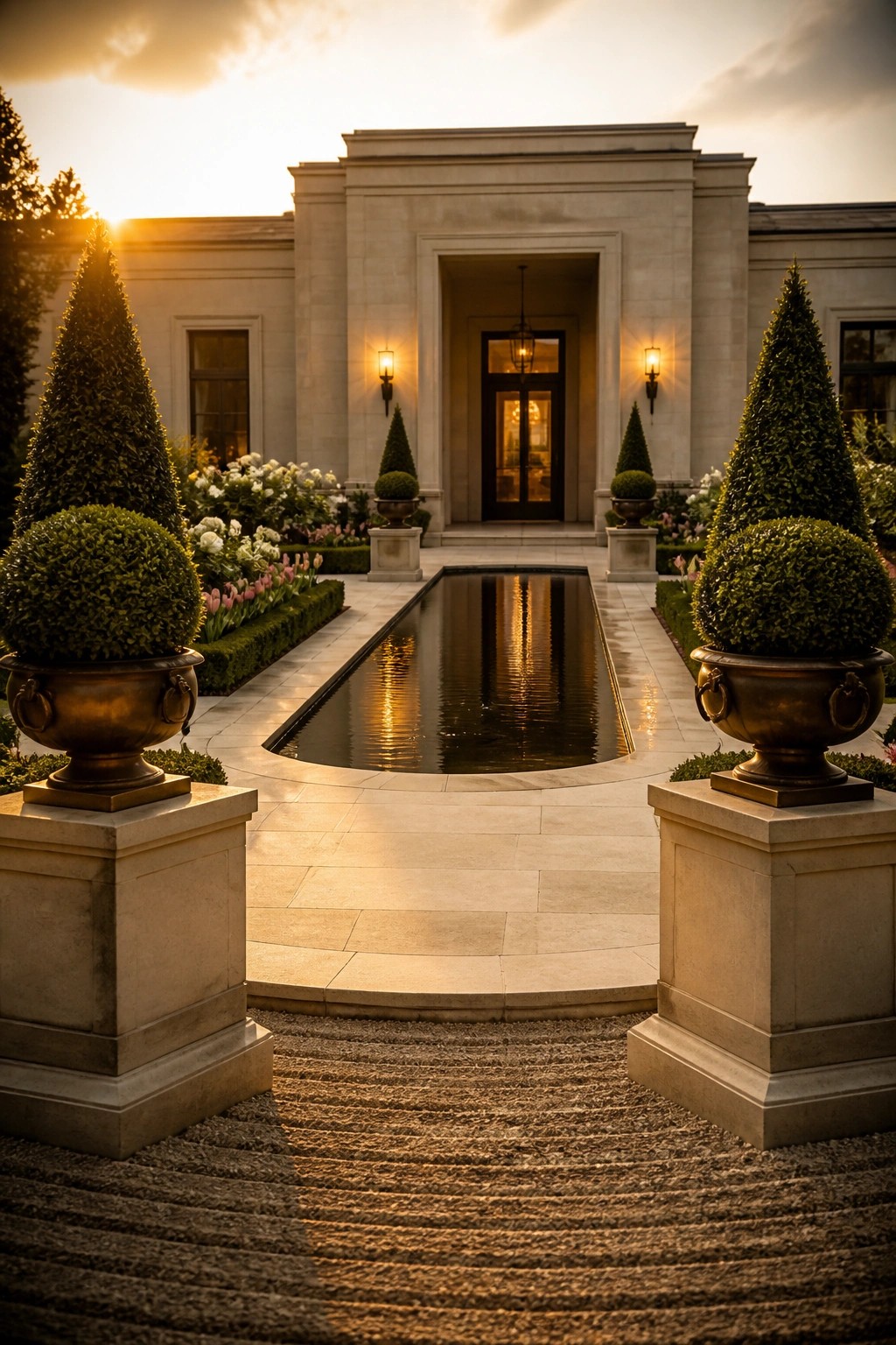 A formal front garden with a long rectangular reflecting pool centered on the entrance of a stone house, flanked by large topiary shrubs in bronze urns on stone pedestals.