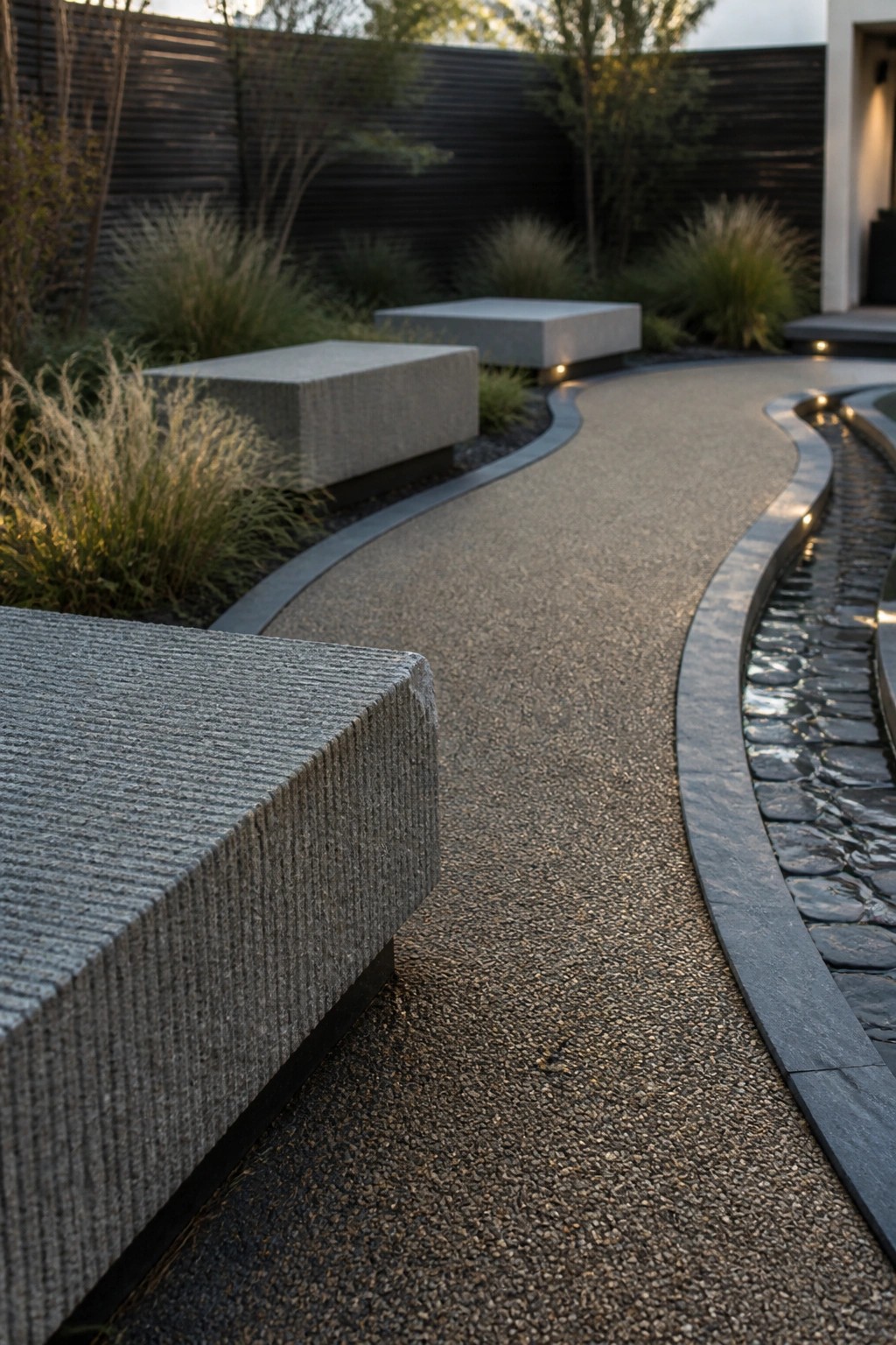 A curved gravel path with stone edging runs past concrete benches and grasses beside a dark fence in a front garden.