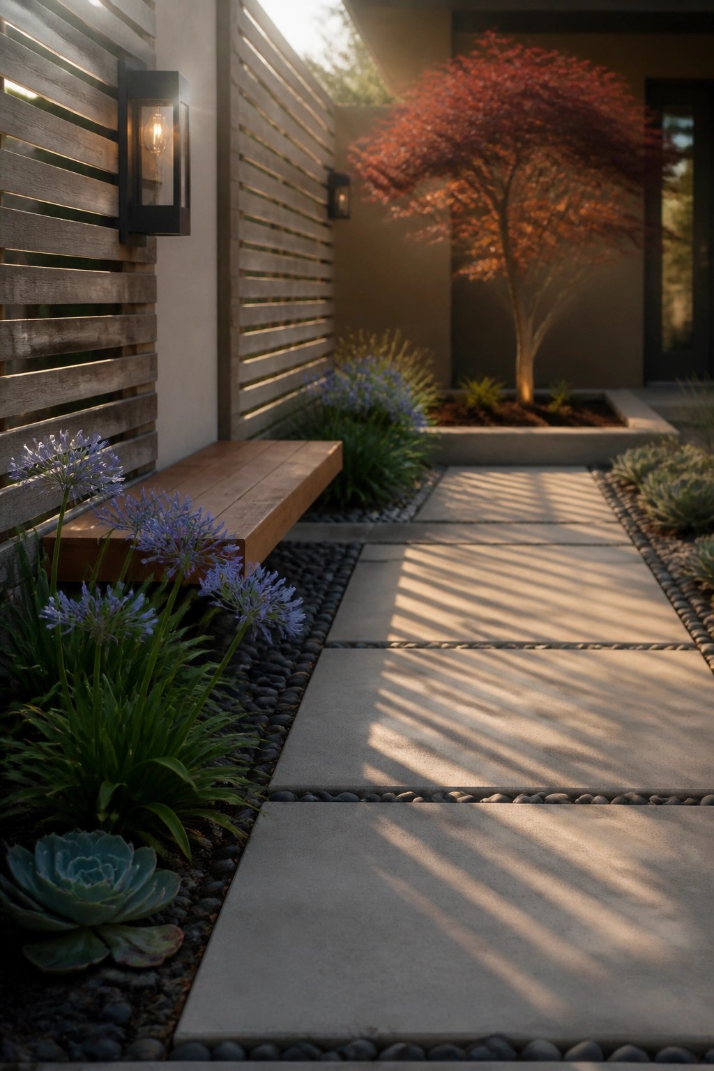 A concrete paver walkway bordered by dark pebbles, with layered plants and a wooden bench along the left side.