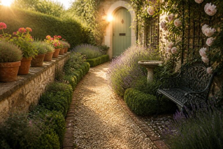 20 Elegant Front Garden Design Ideas to Boost Curb Appeal From the Walkway A curving gravel path bordered by lavender on the left and mixed shrubs on the right leads toward a light blue door, with terracotta pots along a low stone wall.