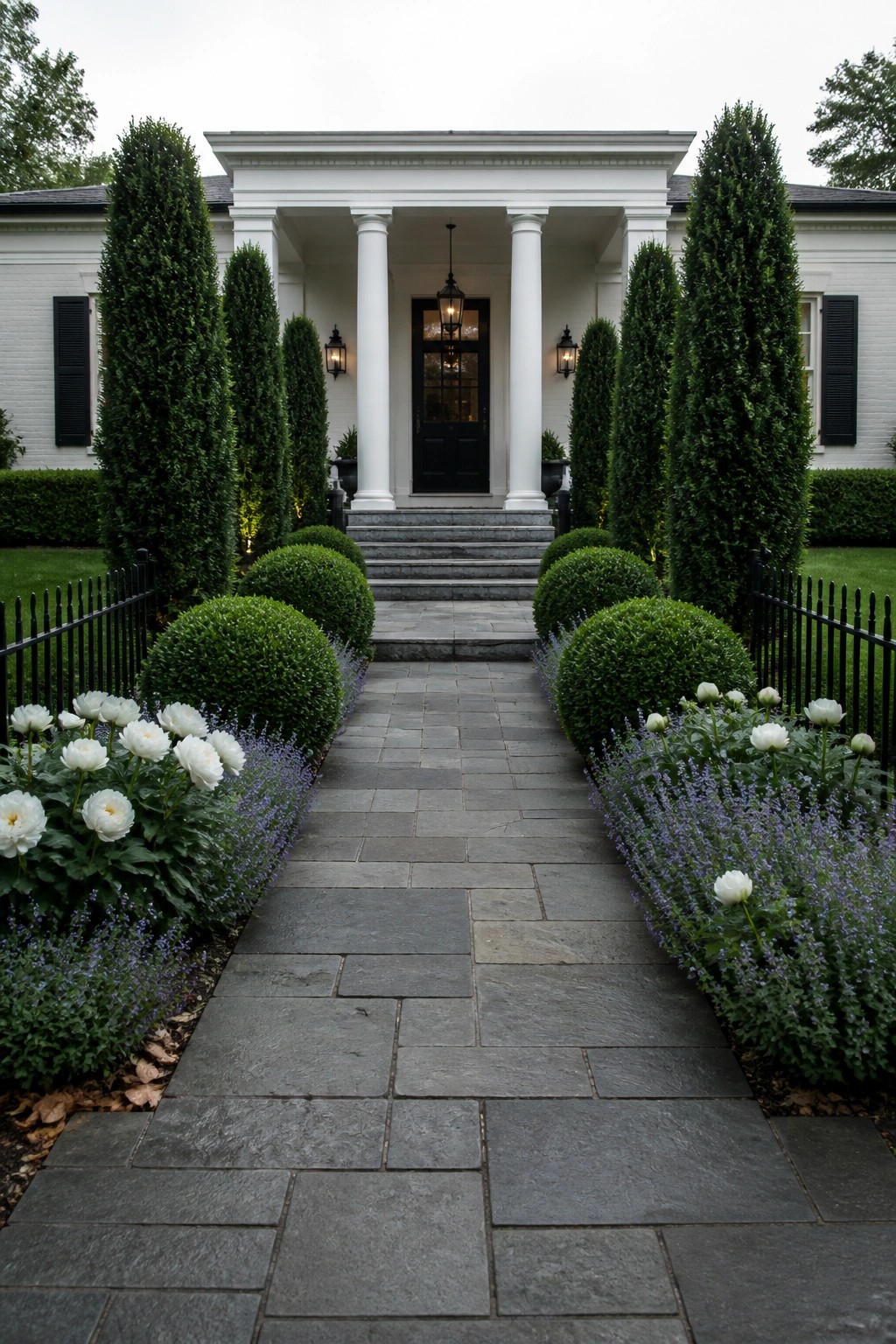 A stone walkway bordered by white flowers, rounded shrubs, and tall evergreen trees leads to the front door of a white house with columns.