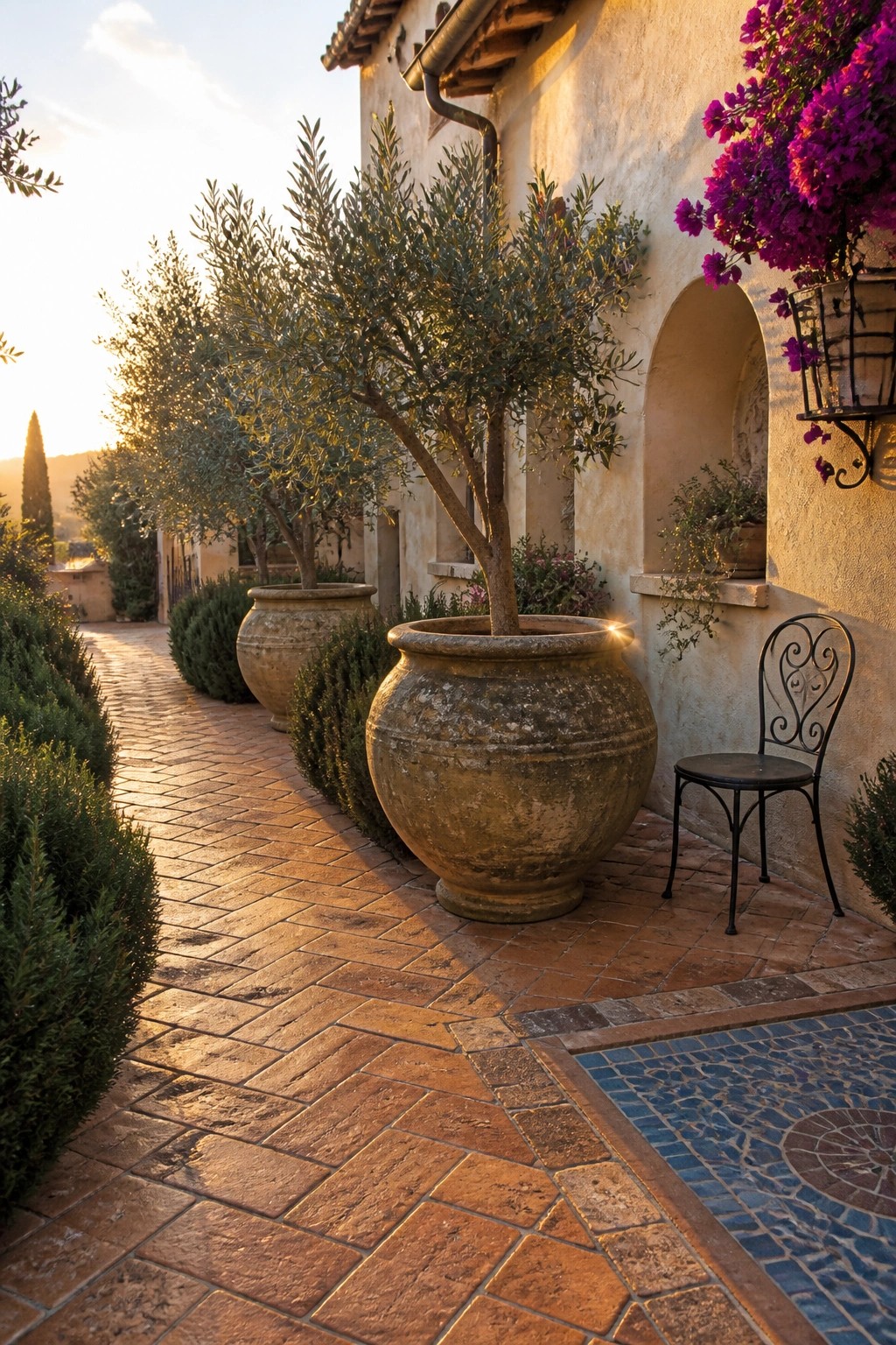 A brick walkway lined with large weathered terracotta pots holding small trees, next to a stucco house wall with an arched niche and a black metal chair.