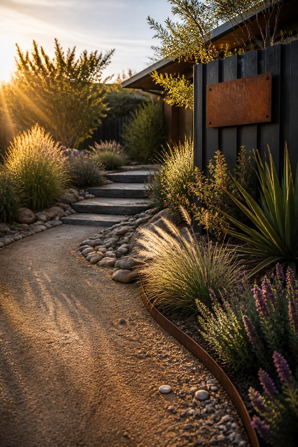 Sunset illuminates winding gravel path and stone steps beside modern house with plants.