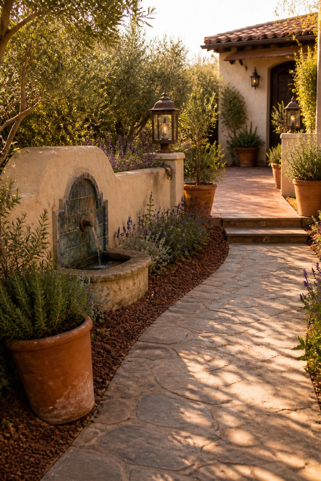 A curved stone path runs past a wall fountain and terracotta pots toward a house entrance.