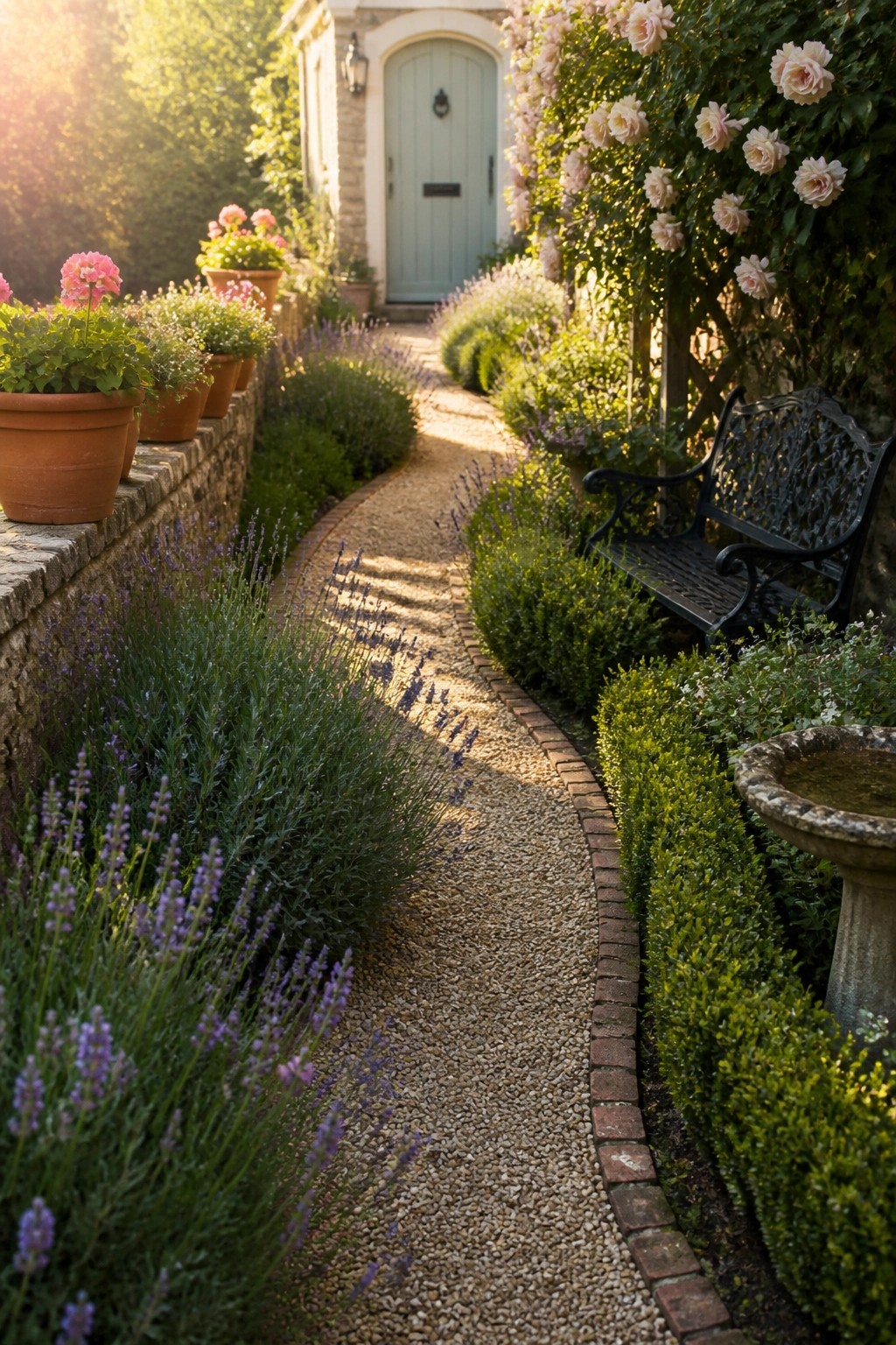 A curving gravel path bordered by lavender on the left and mixed shrubs on the right leads toward a light blue door, with terracotta pots along a low stone wall.