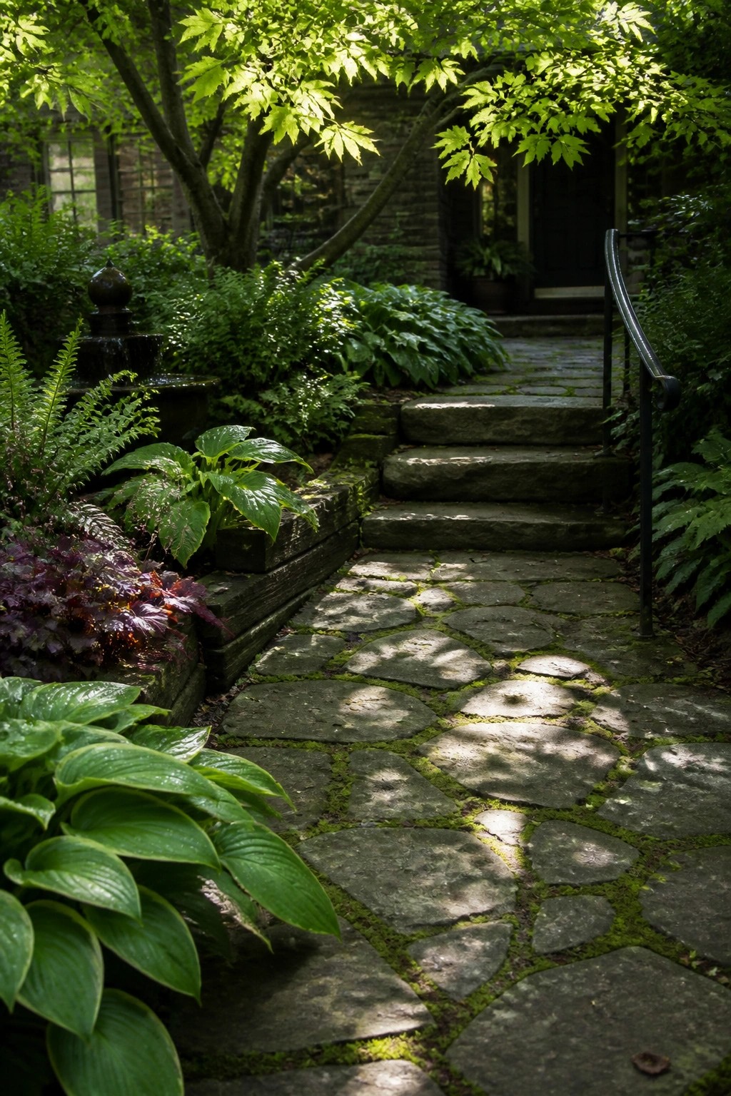 A moss-covered stone path curves through hostas, ferns, and other greenery toward stone steps leading to a brick house entrance.