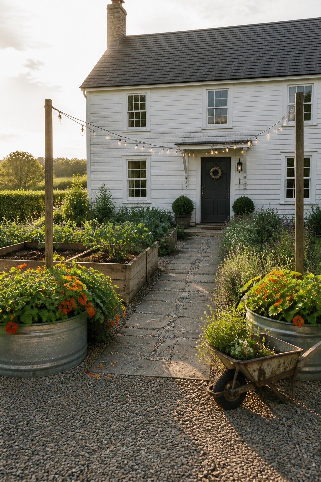 A stone path leads to the front door of a white house, bordered by wooden raised garden beds and large metal containers filled with flowers.