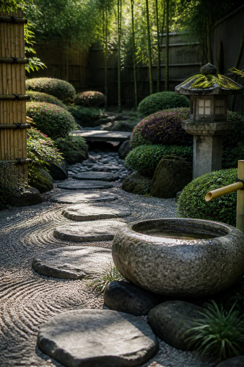 A front garden path of irregular stepping stones set in raked gravel, bordered by shrubs, rocks, and a stone lantern.