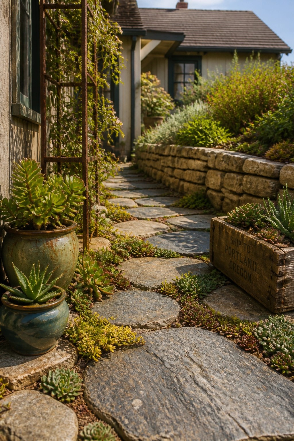 Stone path with potted succulents beside wooden crate and stone wall in garden.