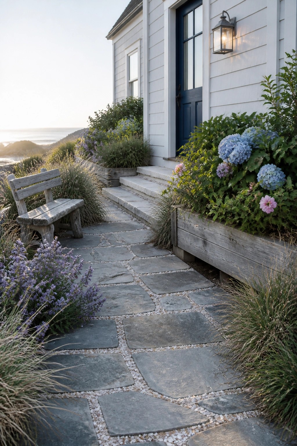 Stone path to white house with blue door, flanked by hydrangeas and bench.