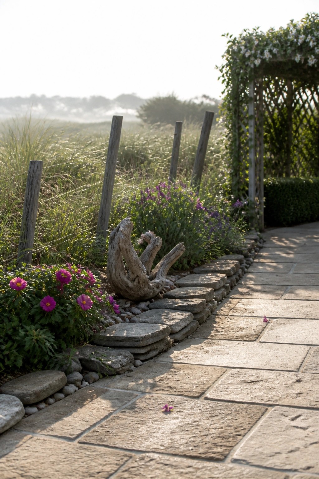 A flagstone path runs beside a garden bed with pink flowers, purple blooms, and a large piece of driftwood, with a vine-covered wooden arbor visible on the right.