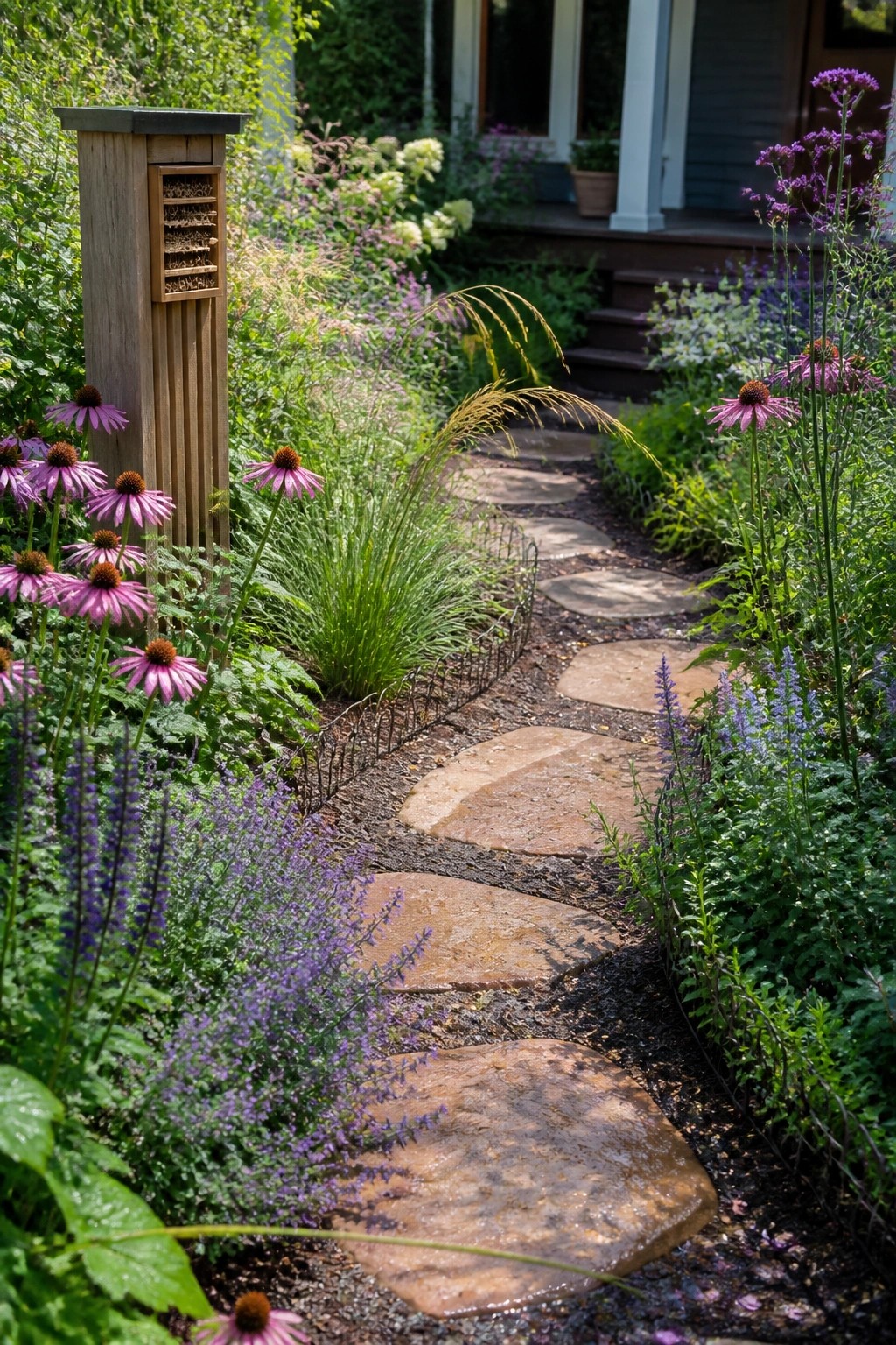 A garden path of irregular brown stepping stones curves through dense pink, purple, and green plantings toward a house porch.