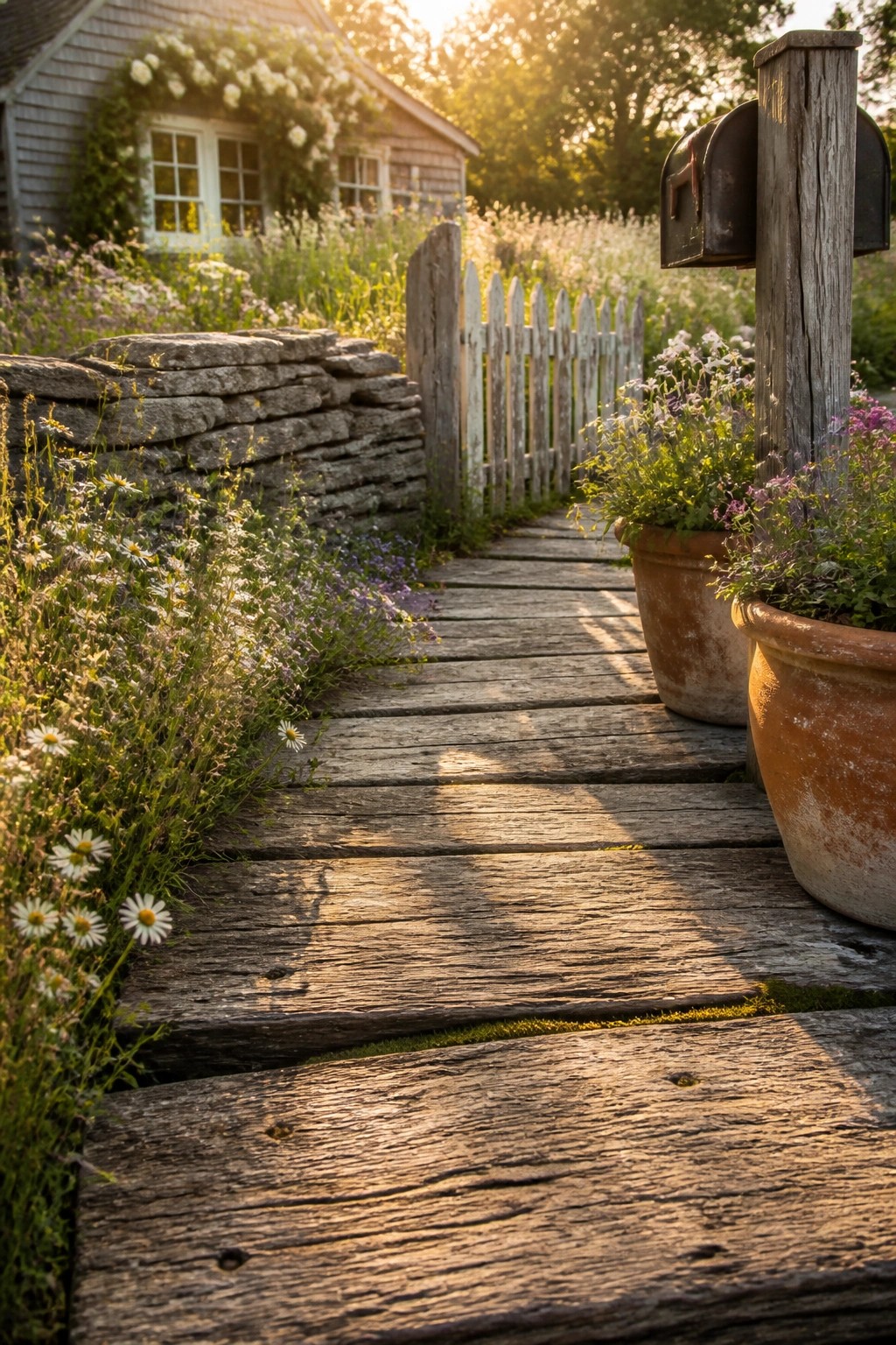Sunlit wooden path beside stone wall, flowers, and mailbox near cottage