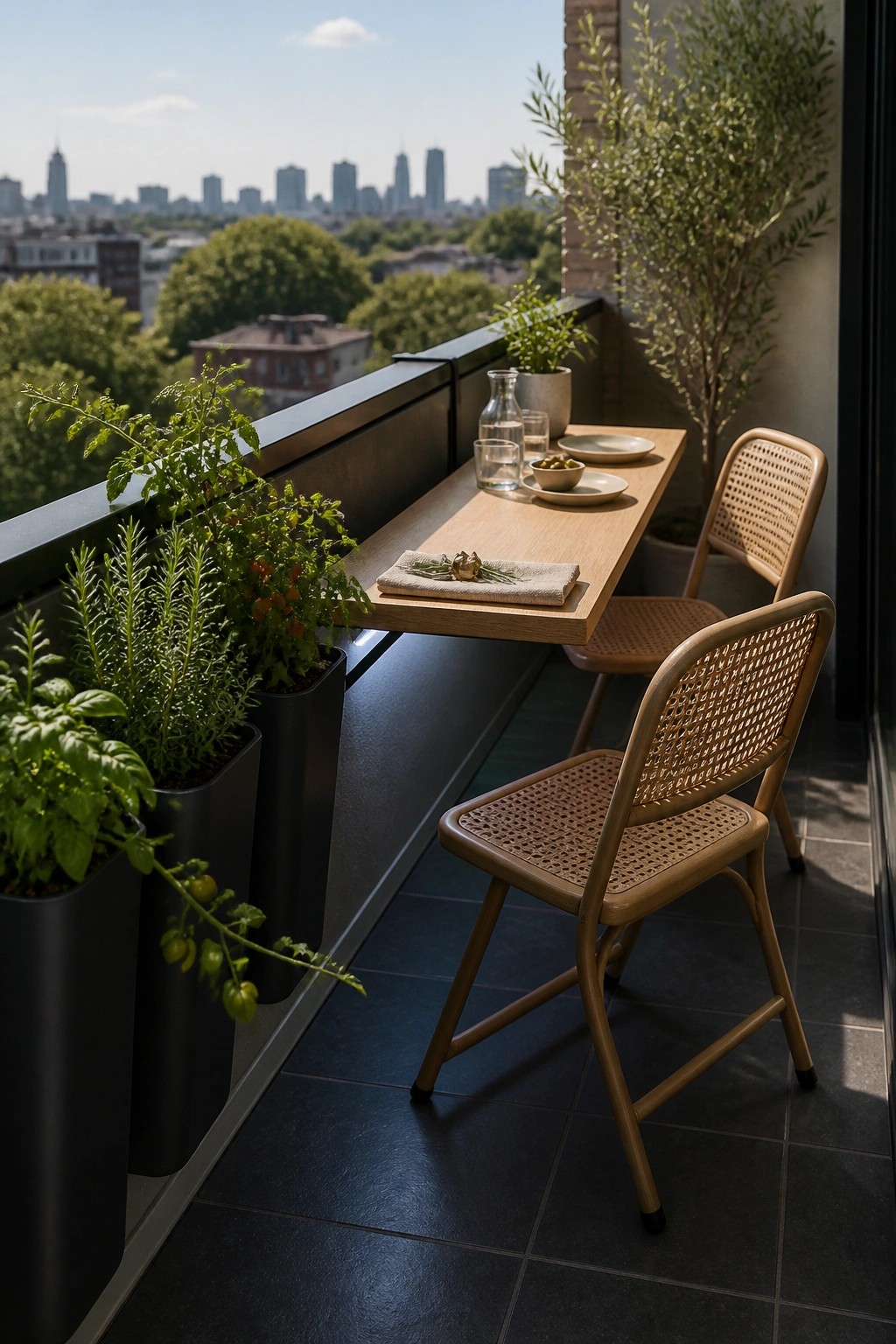 A narrow wooden table with two woven chairs sits on a dark tiled balcony beside black planters holding herbs and tomatoes, with a city skyline in the background.