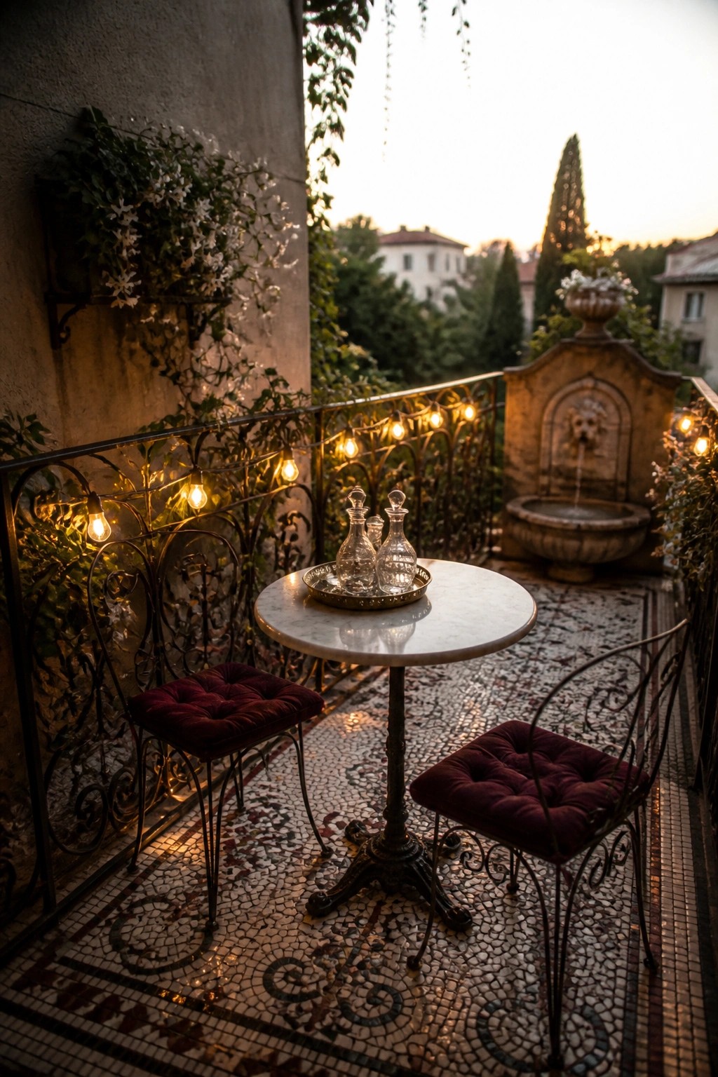 A small balcony with a round marble table and two dark metal chairs with red cushions, string lights along the railing, and a stone fountain in the background.