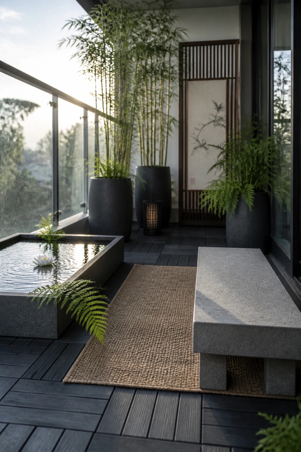 Zen balcony with lotus water basin, bamboo plants, rug, and stone bench.