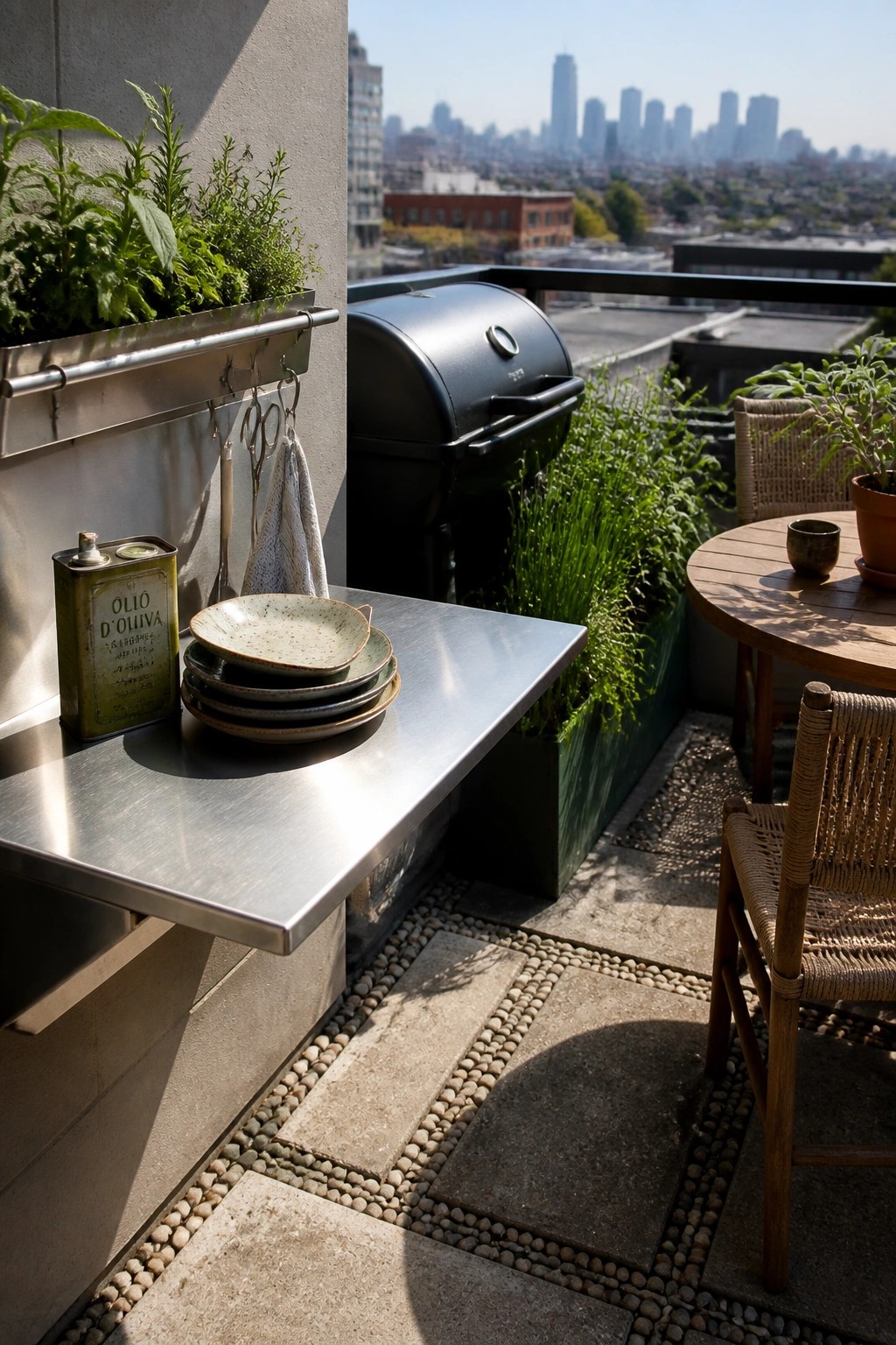 Balcony kitchen with steel counter, stacked plates, olive oil tin, grill, and city view.