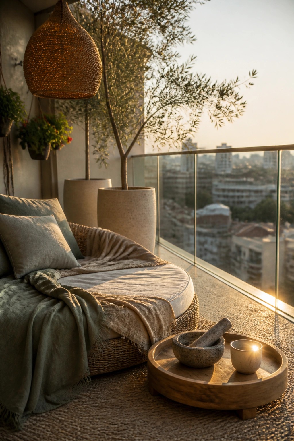 A balcony lounge area with a round daybed, green cushions, and a throw, surrounded by large potted trees and a wooden tray holding a mortar, pestle, and small candle, with a city view beyond the glass railing.