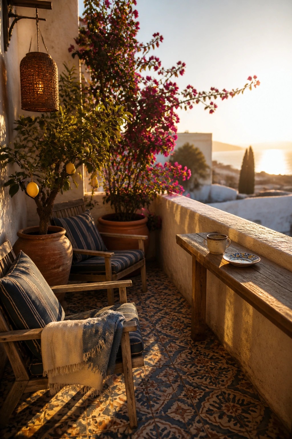 A balcony scene with wooden seating, terracotta pots holding a lemon tree and bougainvillea, patterned floor tiles, and a sea view in the background.