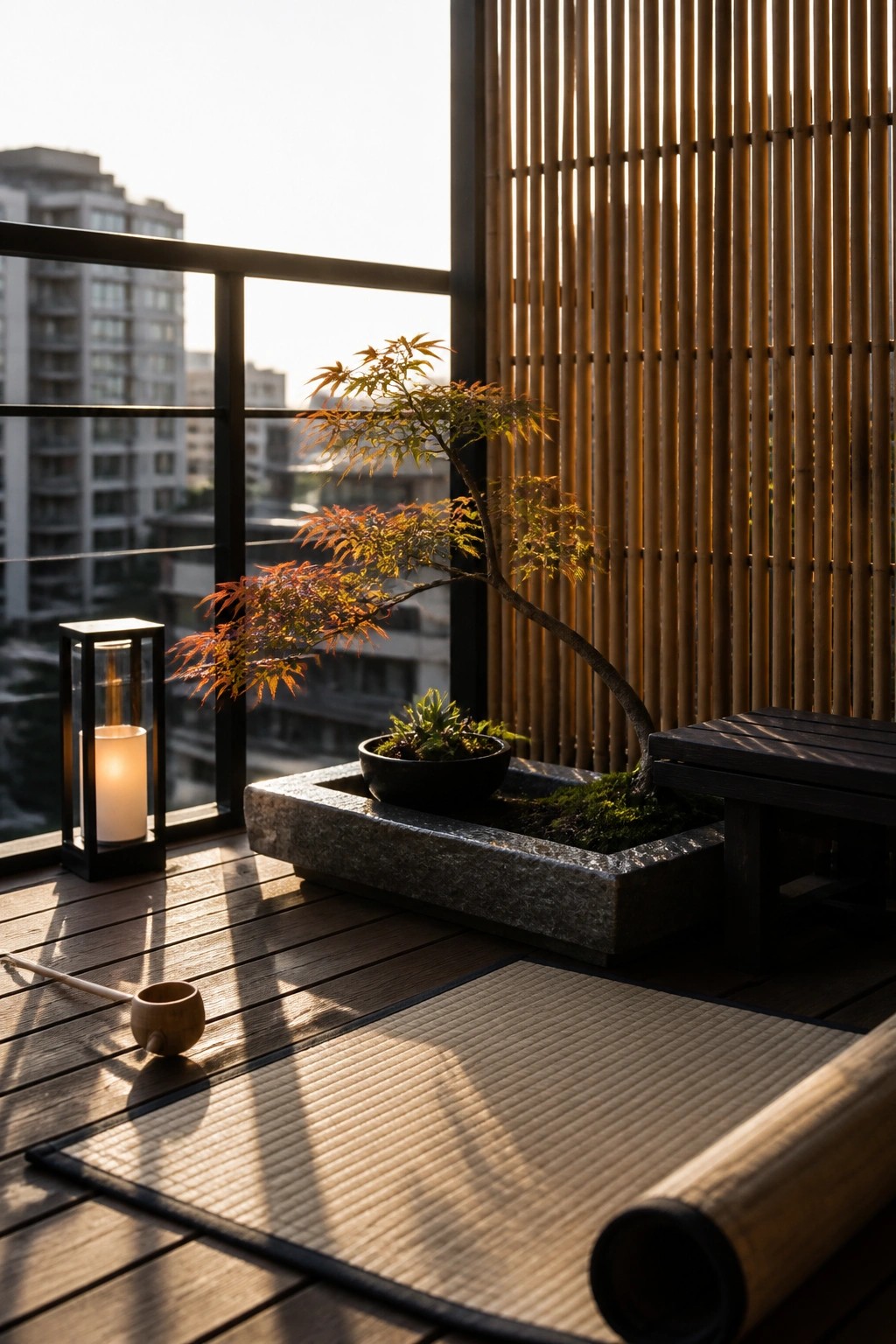 A modern balcony with wood flooring, a bamboo privacy screen, a stone planter holding a small tree, a lit lantern, and a rolled tatami mat overlooking city buildings.