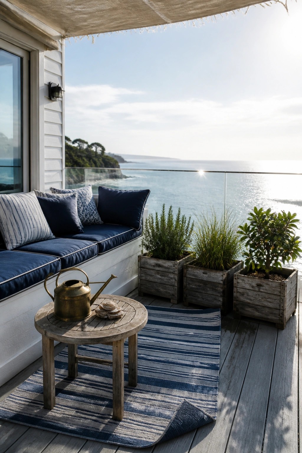 A balcony with built-in navy cushioned seating, three weathered wooden planters holding greenery, a round wooden table with a brass watering can, and a blue striped rug overlooking the ocean.