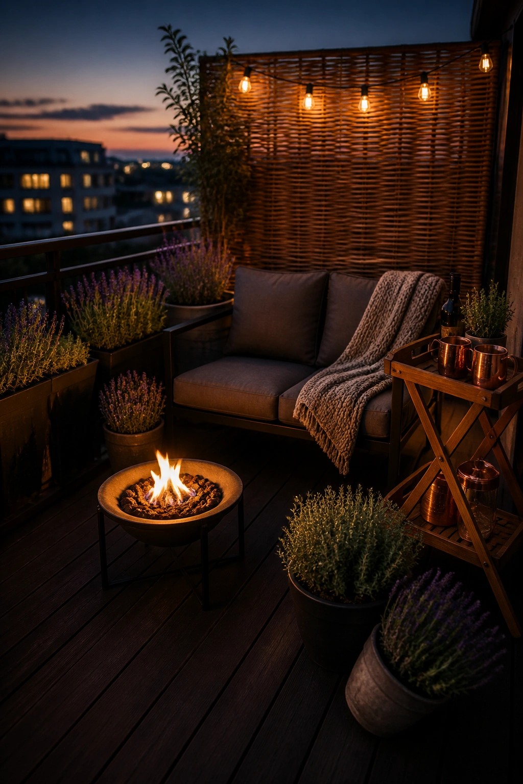 A wooden balcony at dusk with a lit fire pit in the foreground, a gray sofa with a throw blanket, string lights on a wooden screen, and multiple potted plants.