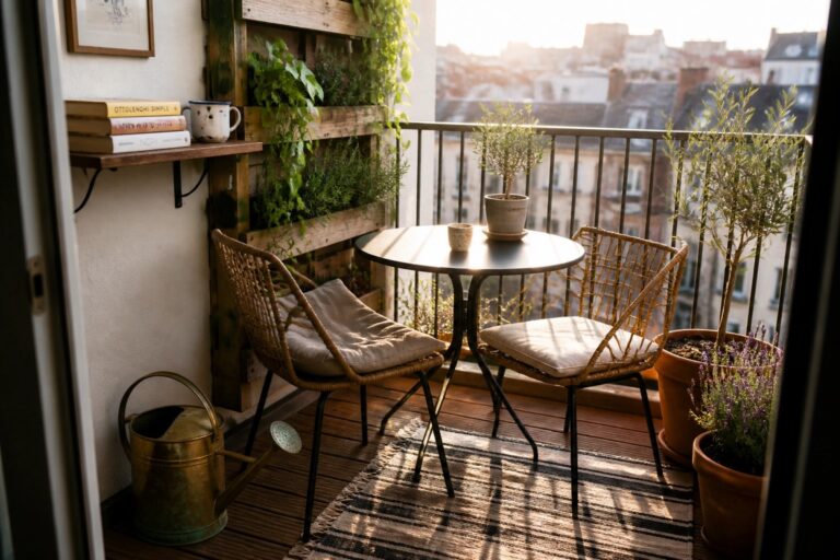 20 Fresh Balcony Garden Design Ideas With Seating, Greenery, and Clean Layouts A balcony with two wicker chairs around a round table, a wooden vertical planter on the wall filled with green plants, and several potted plants along the railing.