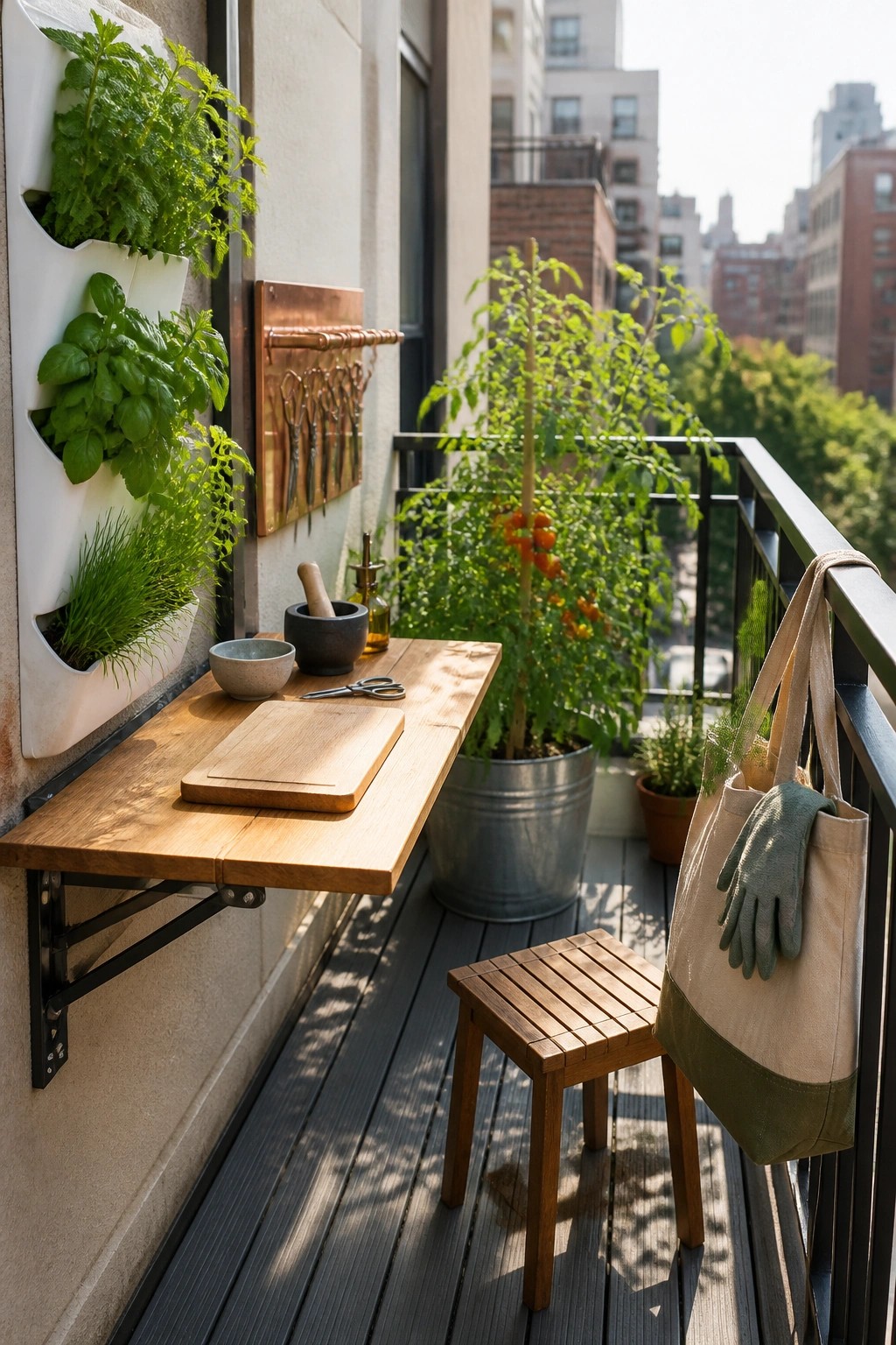 A small balcony with a wooden fold-down table mounted on the wall, a wooden stool beneath it, vertical herb planters on the left wall, a potted tomato plant, and a tote bag on the railing.