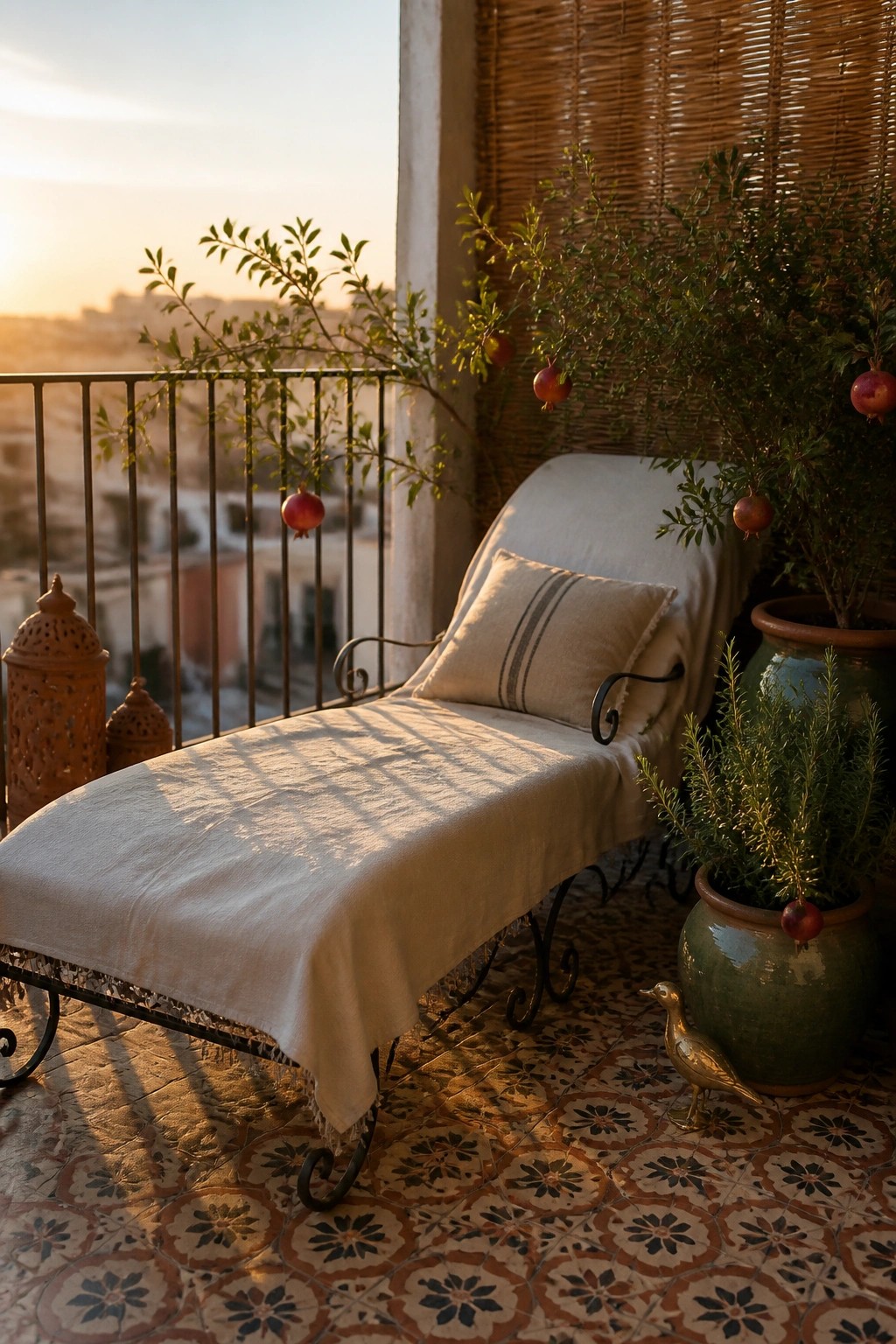 A white fabric chaise lounge with a striped pillow sits on a patterned tile balcony, surrounded by potted plants bearing small red fruits and a metal railing overlooking distant buildings.