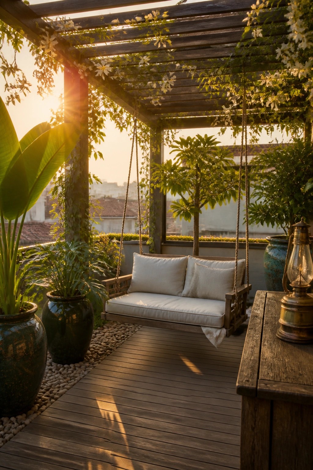 A wooden hanging swing bench with white cushions is positioned on a deck under a vine-covered pergola, with large potted plants on either side.