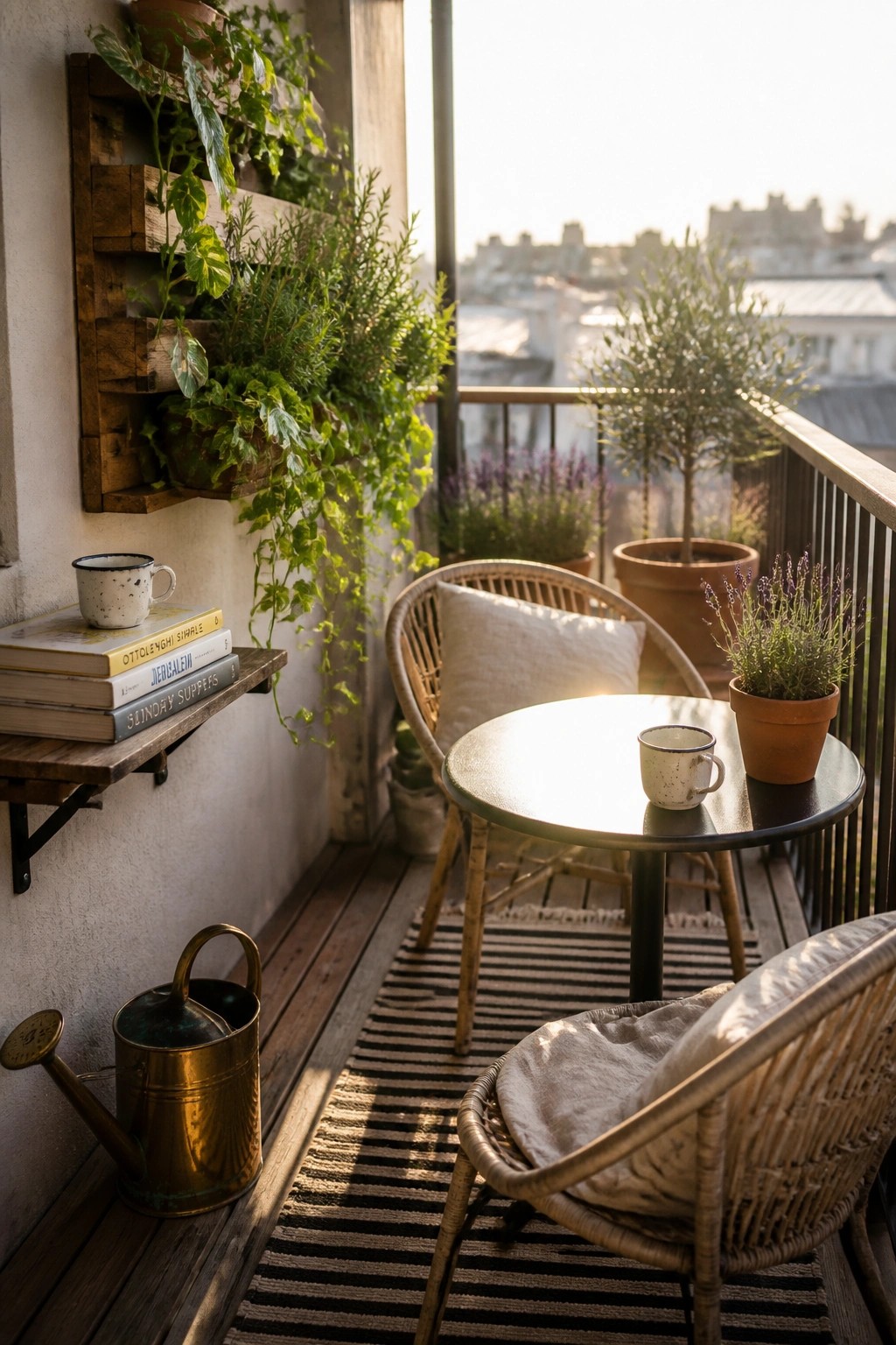 A balcony with two wicker chairs around a round table, a wooden vertical planter on the wall filled with green plants, and several potted plants along the railing.