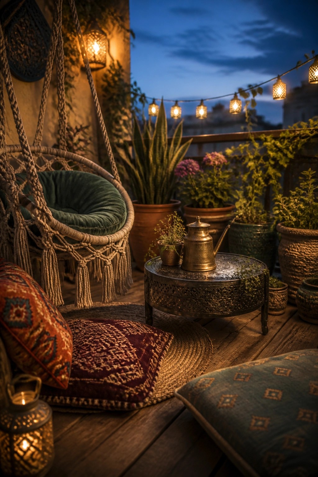 A wooden balcony at dusk shows a hanging macrame chair with a green cushion, several patterned floor pillows, a small ornate metal table, and many potted plants lit by string lights.