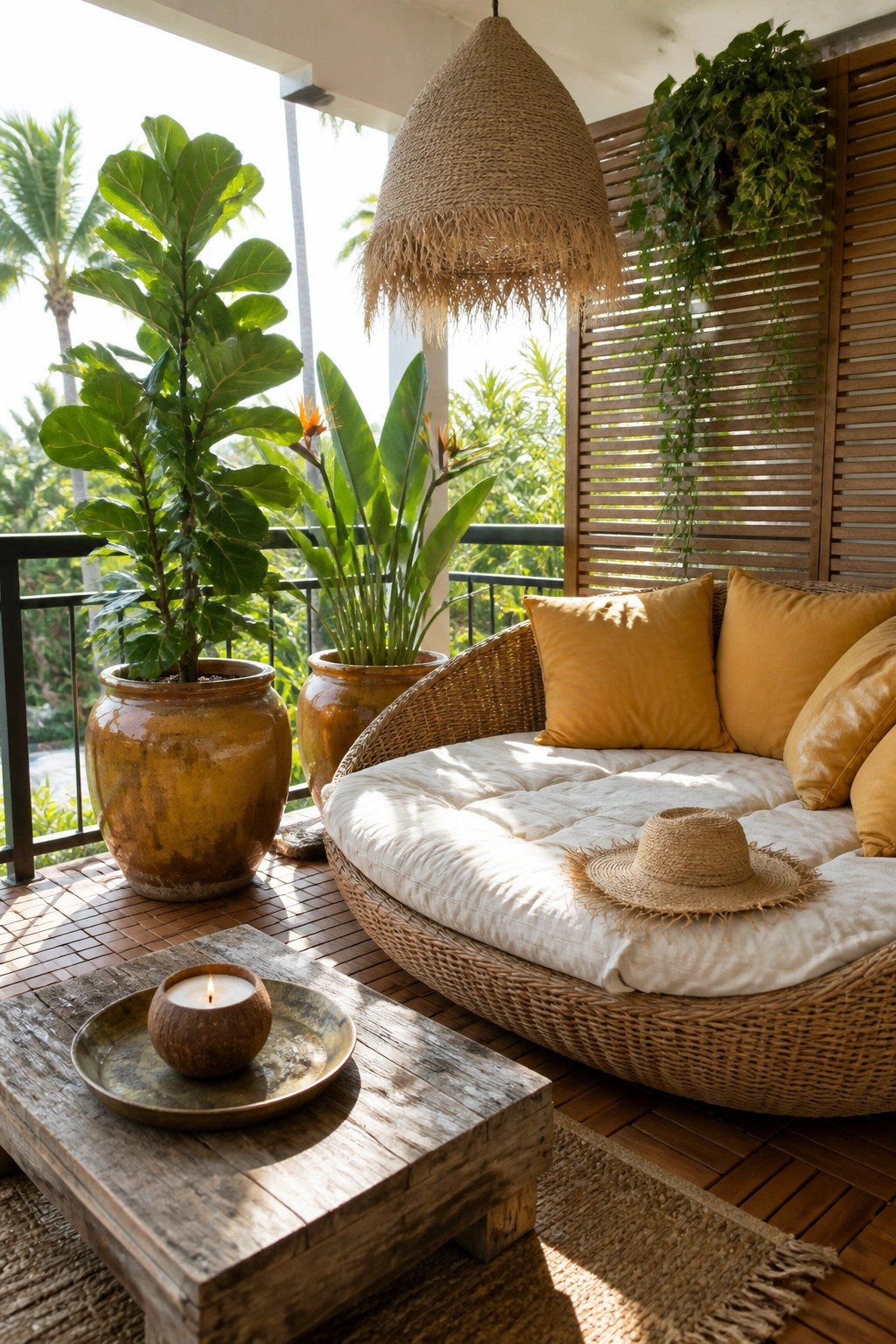 A round wicker daybed with white cushions and mustard pillows sits on a wooden balcony floor, surrounded by large potted plants and a hanging woven pendant light.