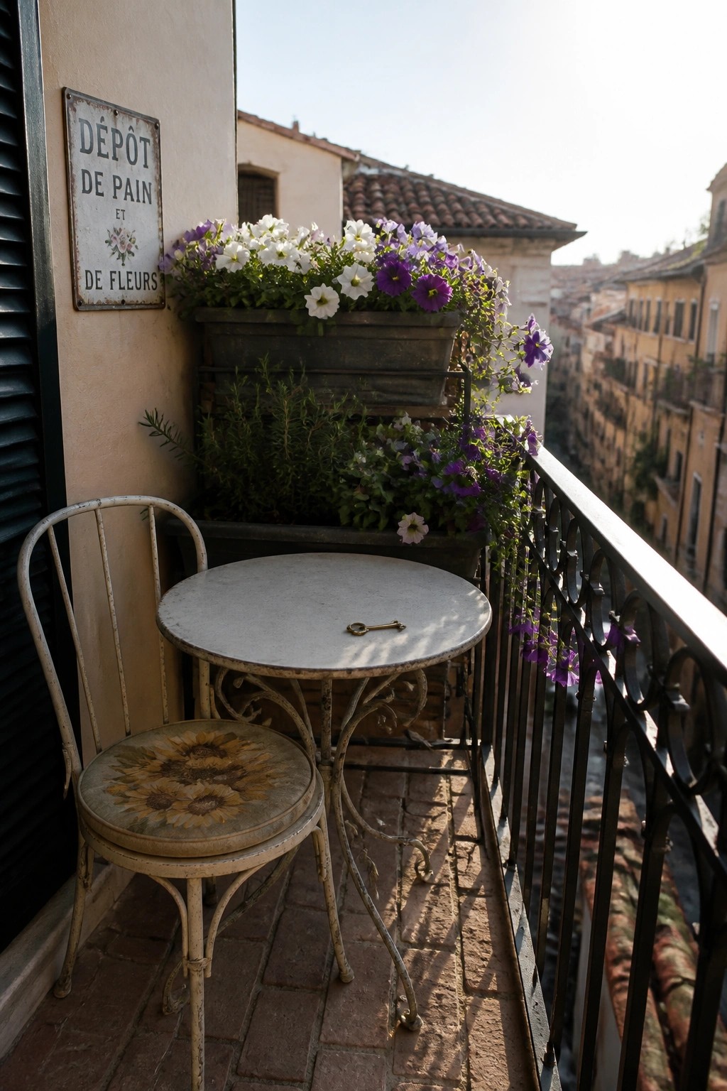 A small balcony with a round metal table, a chair with a sunflower cushion, and multiple flower boxes along the railing holding white and purple blooms.