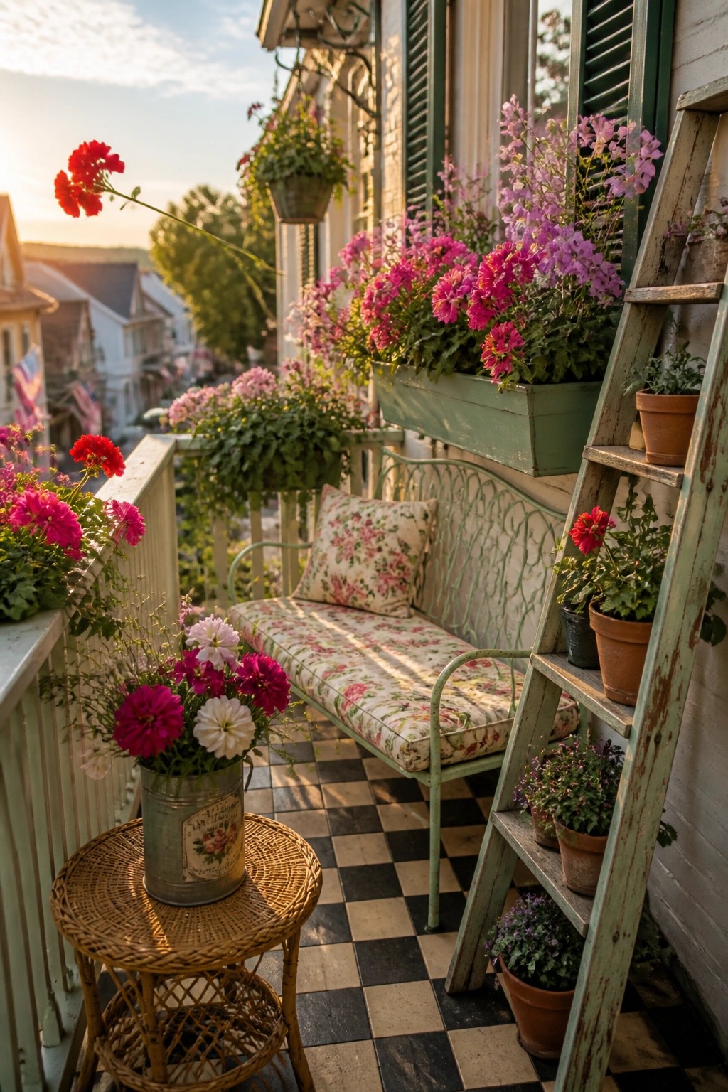 Cozy porch with floral bench, colorful blooms, checkered floor, and plant-filled ladder at sunset