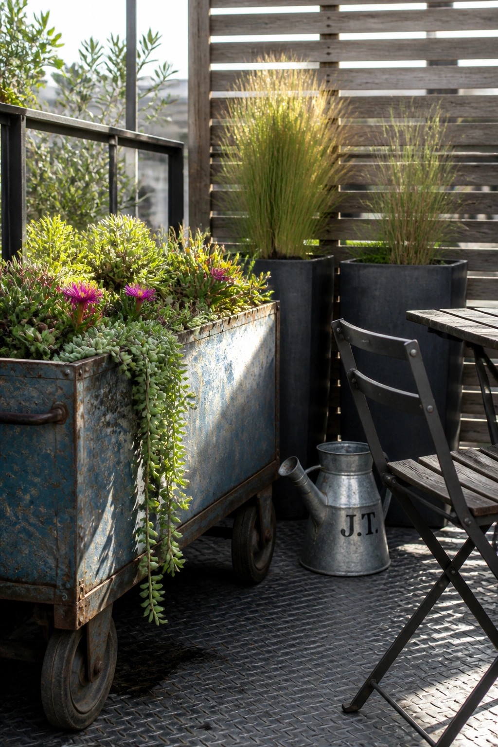 Rusty blue cart with succulents beside black planters, watering can, and wooden chair on patio