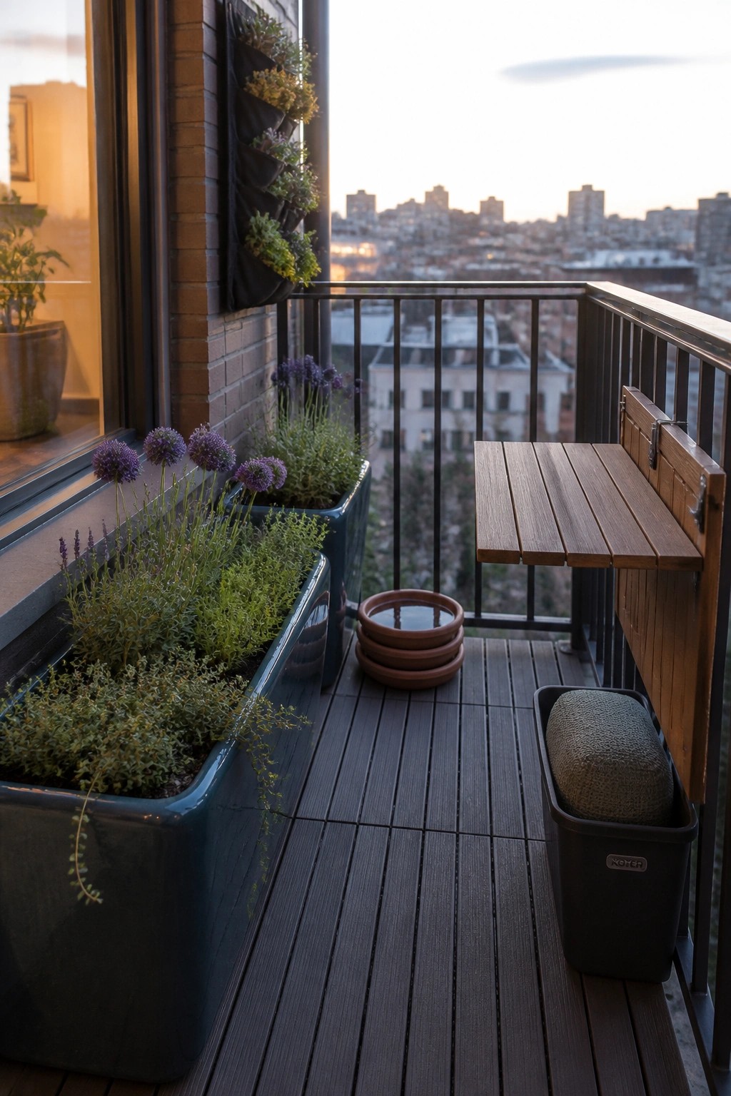 A wooden balcony with dark rectangular planters holding green and purple flowering plants, a fold-down bench, and a city view beyond the railing.