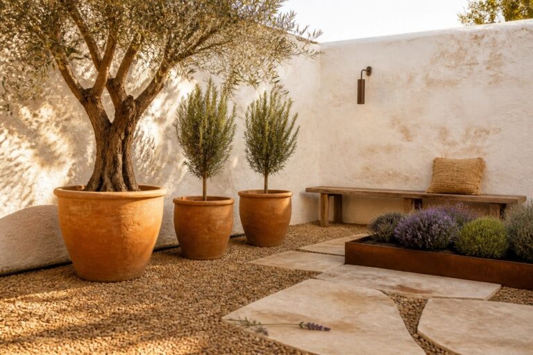 A gravel courtyard with large terracotta pots holding an olive tree and two tall shrubs, a stone path, a metal-edged lavender bed, and a wooden bench against a white stucco wall.