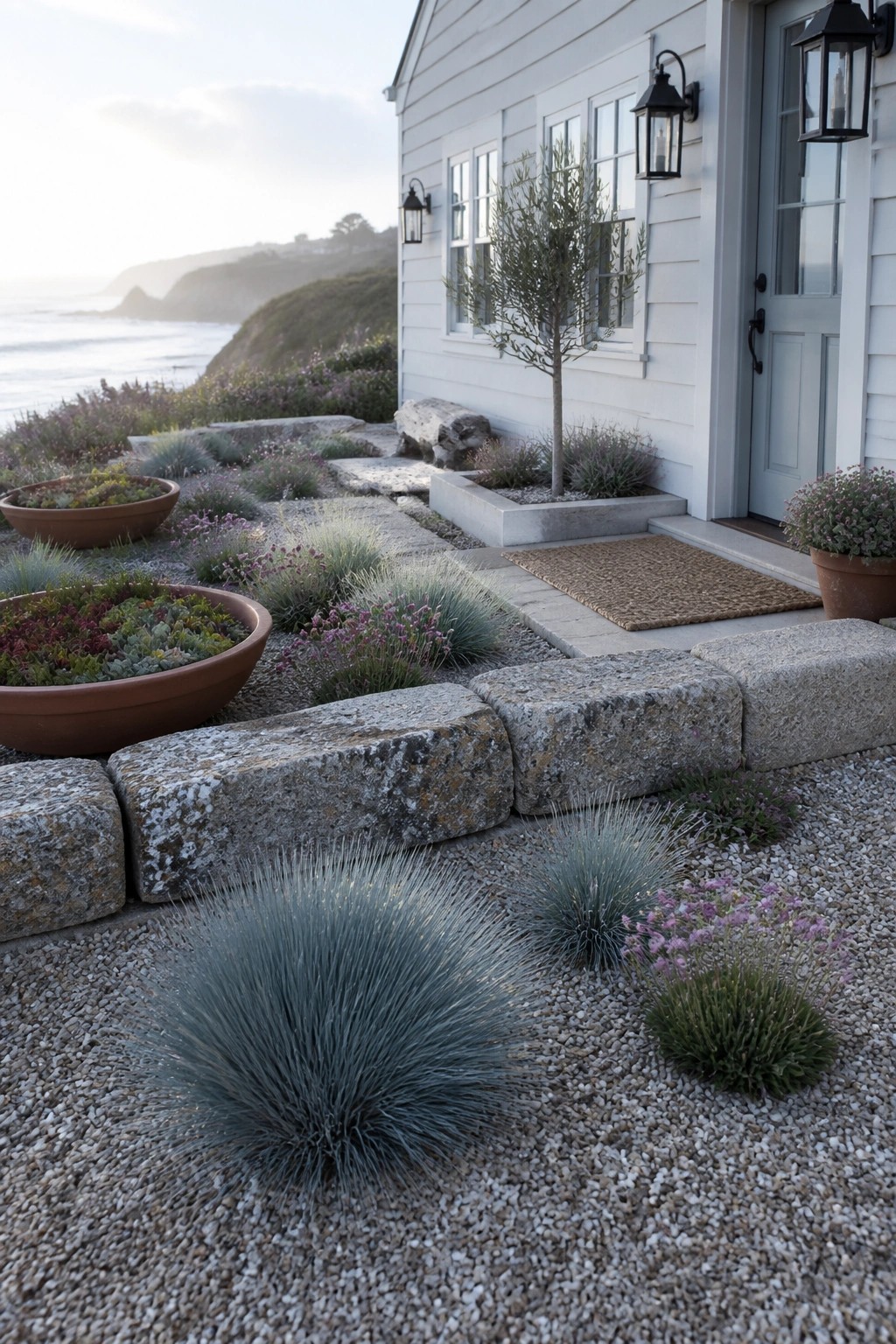 A white coastal house with gravel landscaping, large stone edging blocks, potted plants, and a woven doormat at the front entrance.