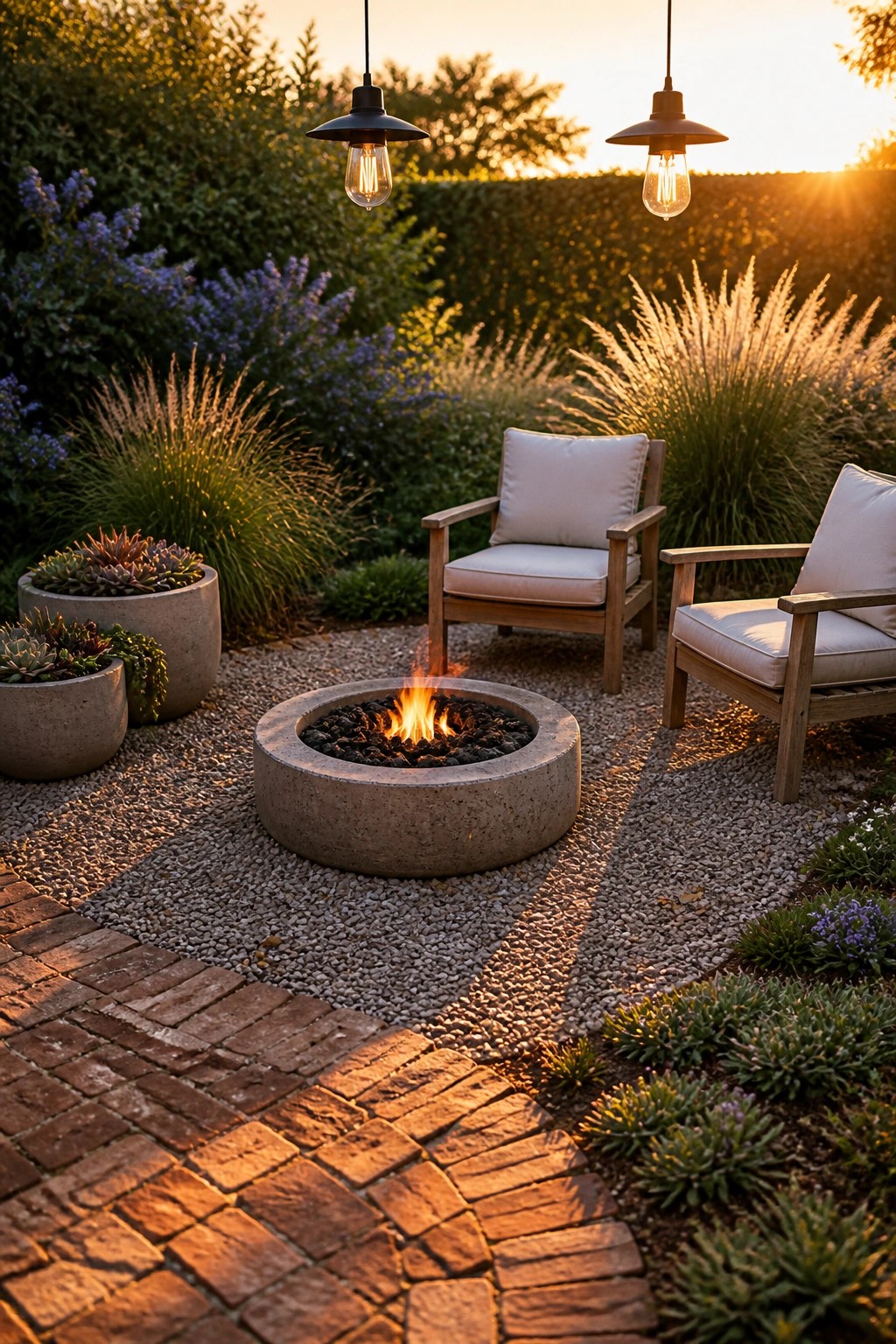 A round concrete fire pit with a lit fire sits on gravel between two wooden armchairs with white cushions, next to potted succulents and tall grasses, with hanging lights above.