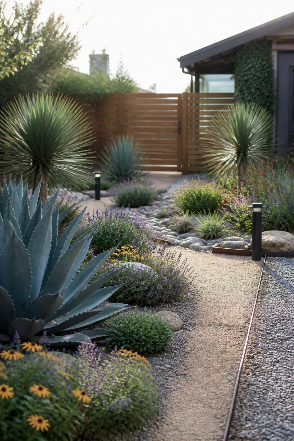 A gravel garden path lined with large agave, yucca, and flowering perennials leads toward a wooden gate next to a modern house.
