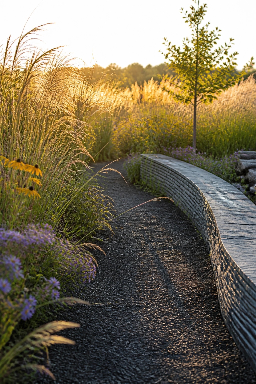 A winding gravel path runs beside a curved low stone wall, bordered by tall ornamental grasses and purple and yellow flowering perennials.